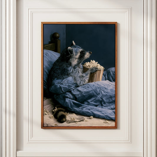 Raccoon Eating Popcorn in Bed Art Print, Funny Animal Poster, Navy Blue Wall Art