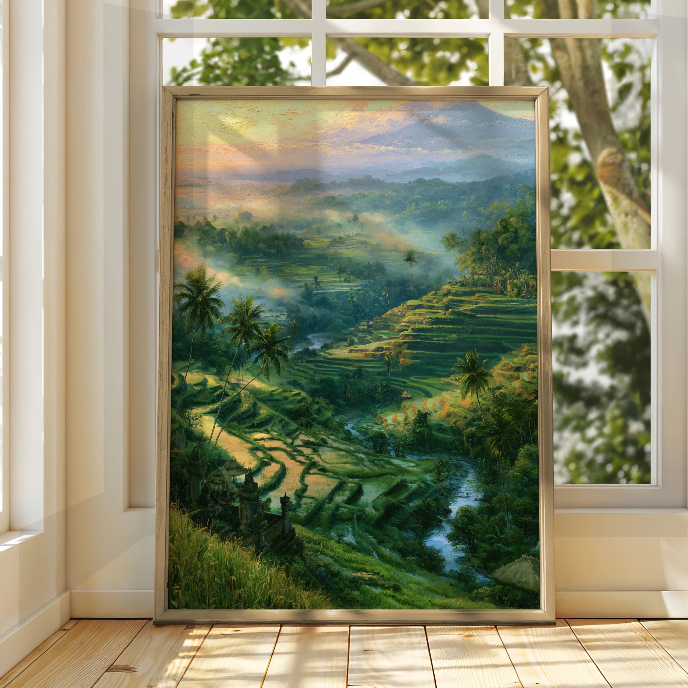 Bali Rice Terraces Wall Art, Balinese Landscape Poster, Tropical Oil Painting Print