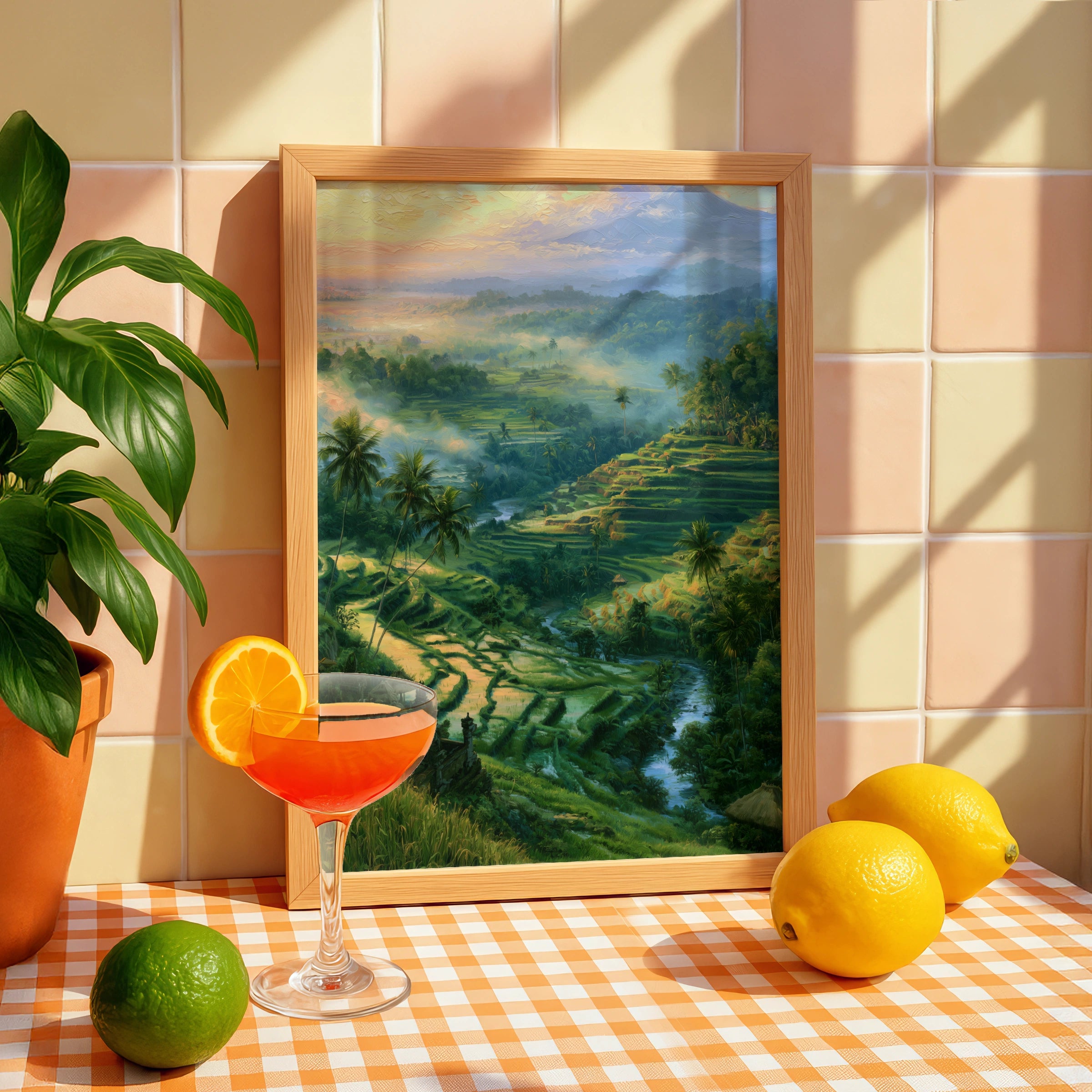 Bali Rice Terraces Wall Art, Balinese Landscape Poster, Tropical Oil Painting Print