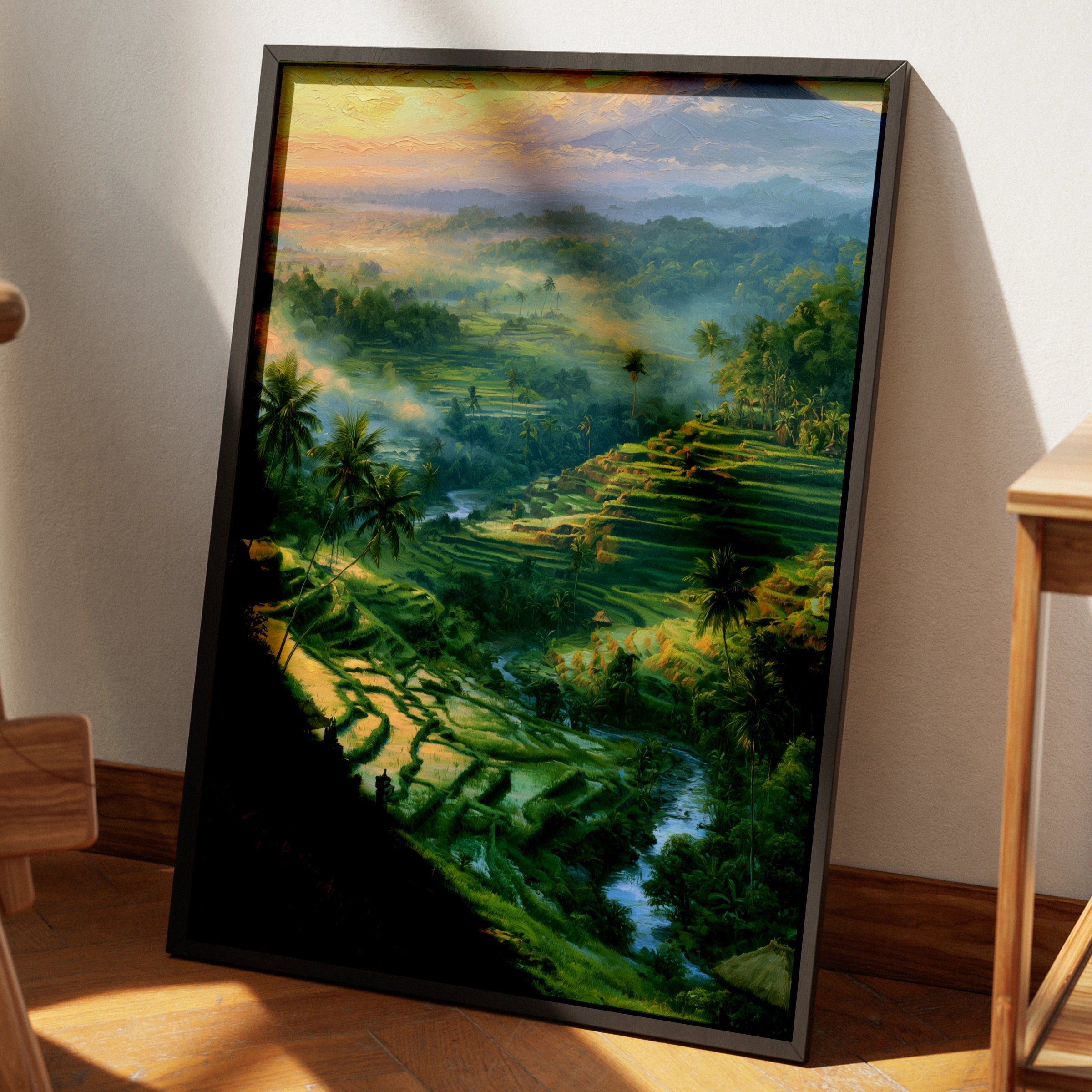 Bali Rice Terraces Wall Art, Balinese Landscape Poster, Tropical Oil Painting Print