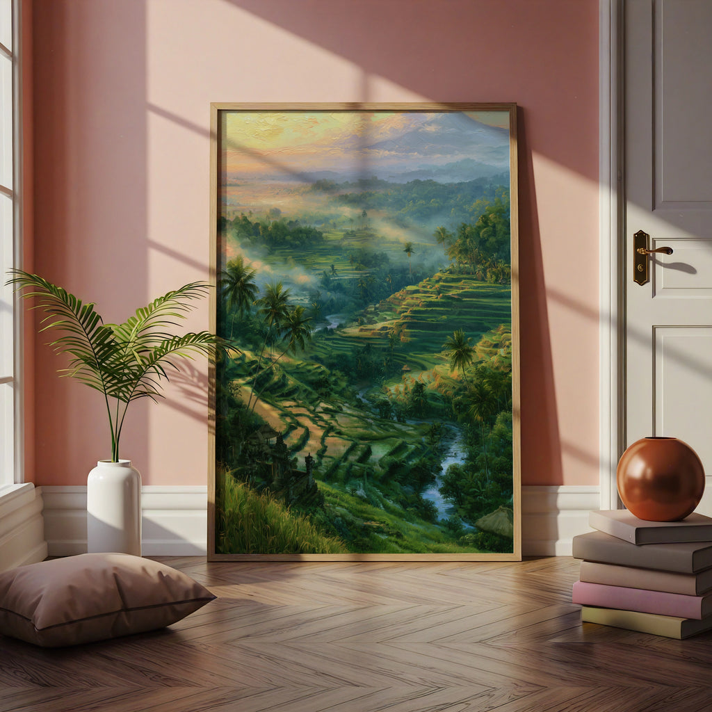 Bali Rice Terraces Wall Art, Balinese Landscape Poster, Tropical Oil Painting Print