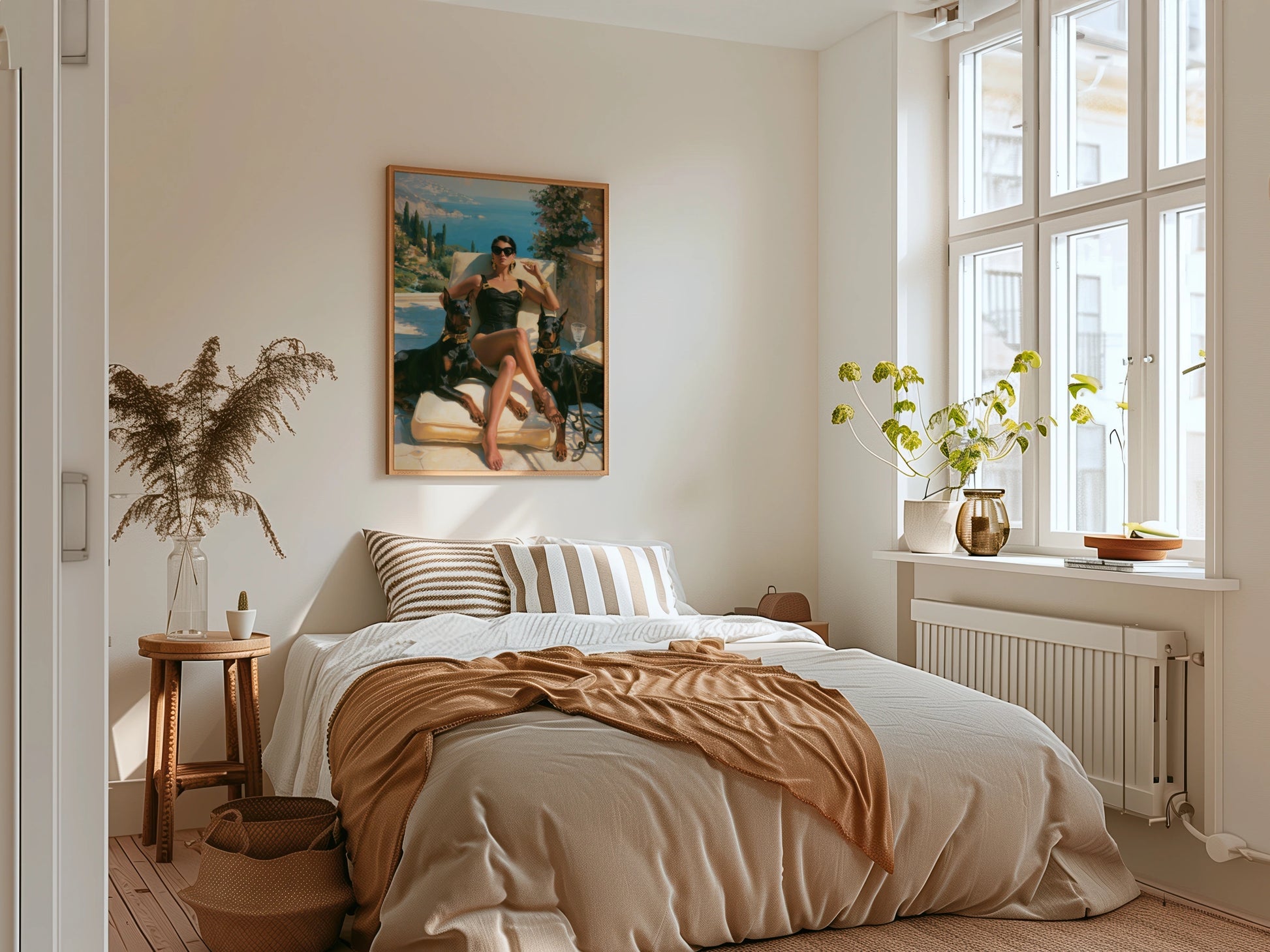 Woman with Dobermanns, Mediterranean Terrace Wall Art, Luxury Oil Painting Style
