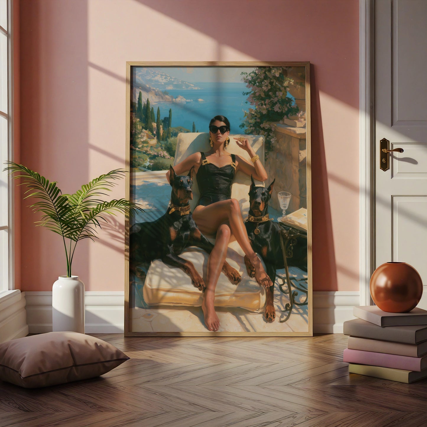 Woman with Dobermanns, Mediterranean Terrace Wall Art, Luxury Oil Painting Style