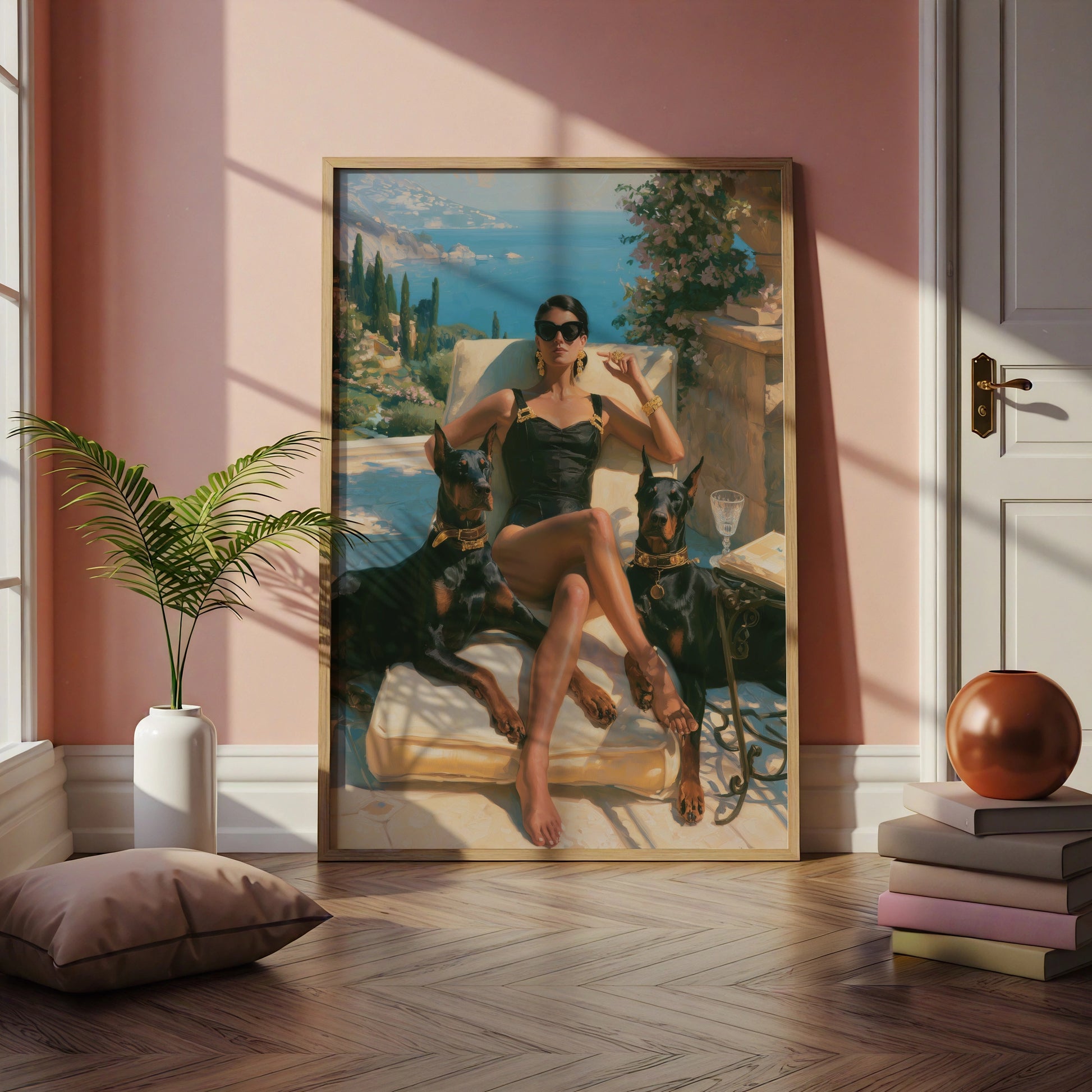 Woman with Dobermanns, Mediterranean Terrace Wall Art, Luxury Oil Painting Style