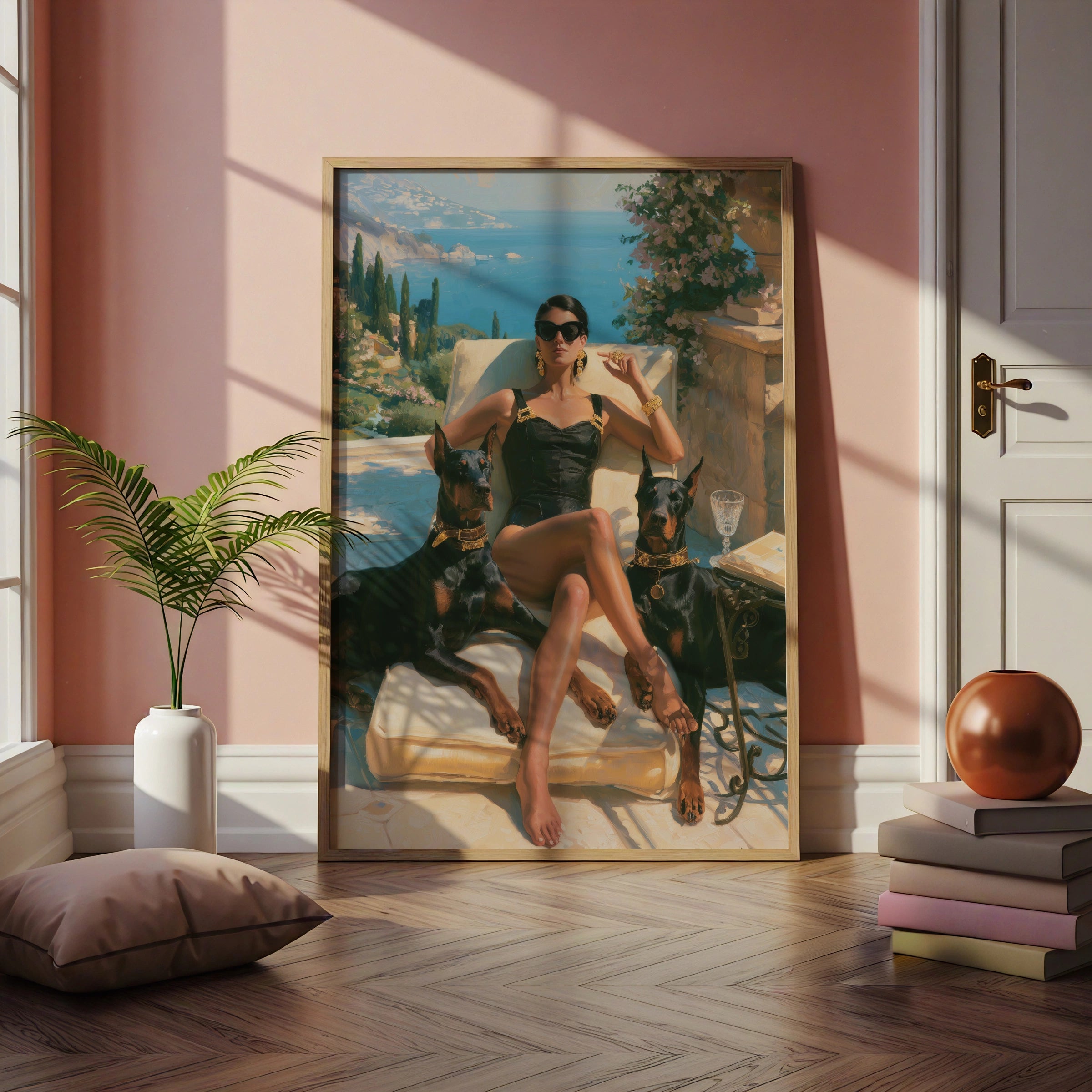 Woman with Dobermanns, Mediterranean Terrace Wall Art, Luxury Oil Painting Style