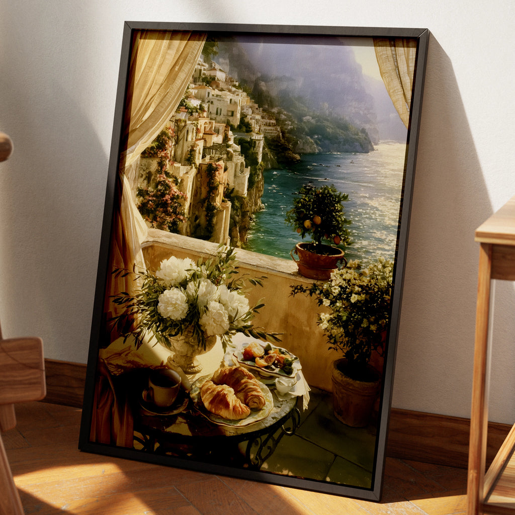Amalfi Coast Breakfast Balcony Print, Italian Coastal Wall Art, Romantic Style