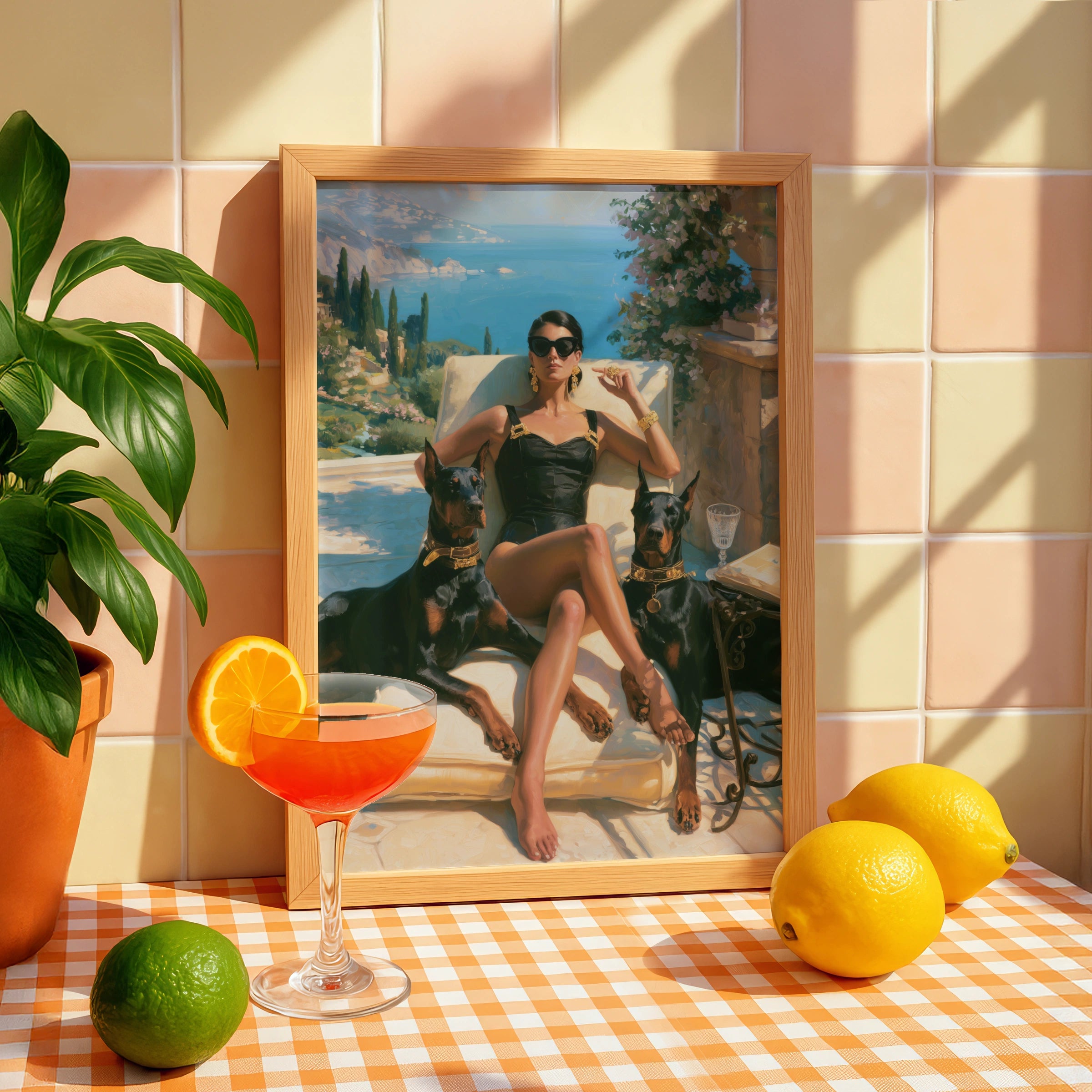 Woman with Dobermanns, Mediterranean Terrace Wall Art, Luxury Oil Painting Style