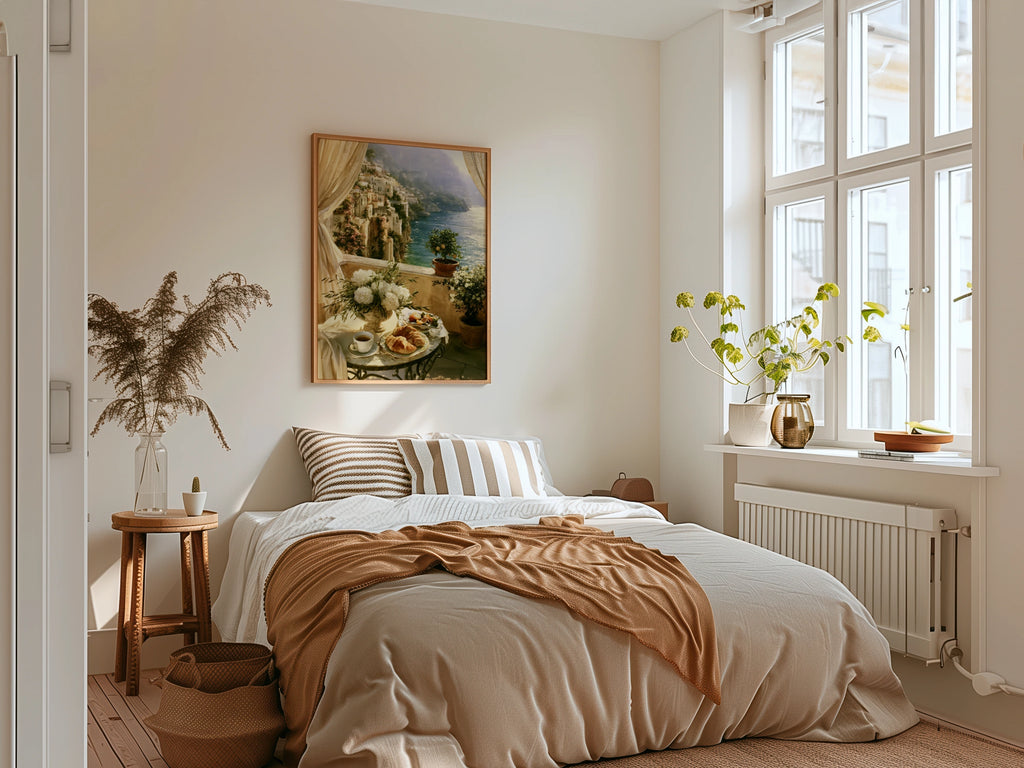 Amalfi Coast Breakfast Balcony Print, Italian Coastal Wall Art, Romantic Style