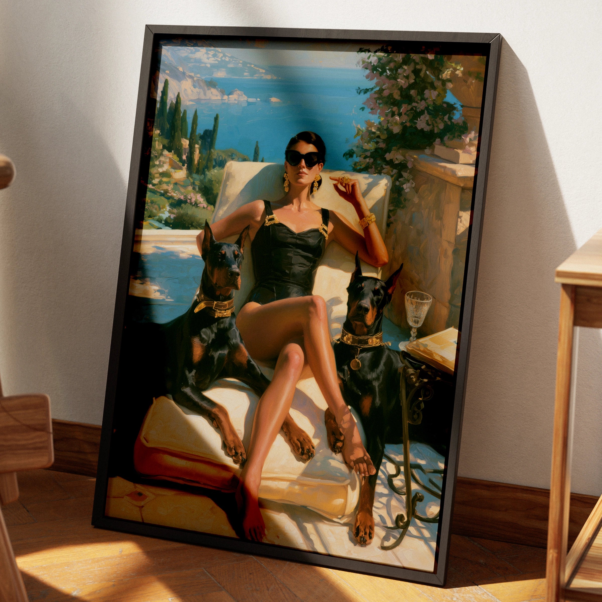 Woman with Dobermanns, Mediterranean Terrace Wall Art, Luxury Oil Painting Style