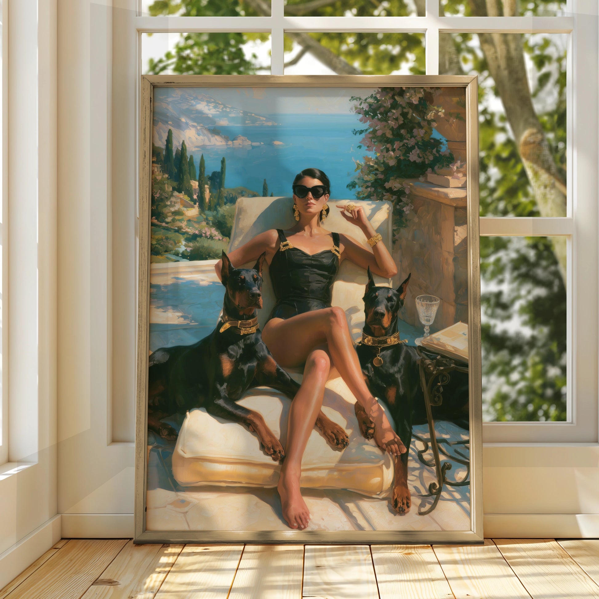 Woman with Dobermanns, Mediterranean Terrace Wall Art, Luxury Oil Painting Style