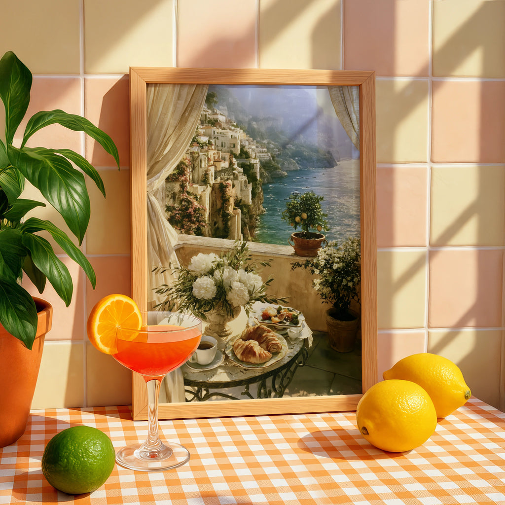 Amalfi Coast Breakfast Balcony Print, Italian Coastal Wall Art, Romantic Style