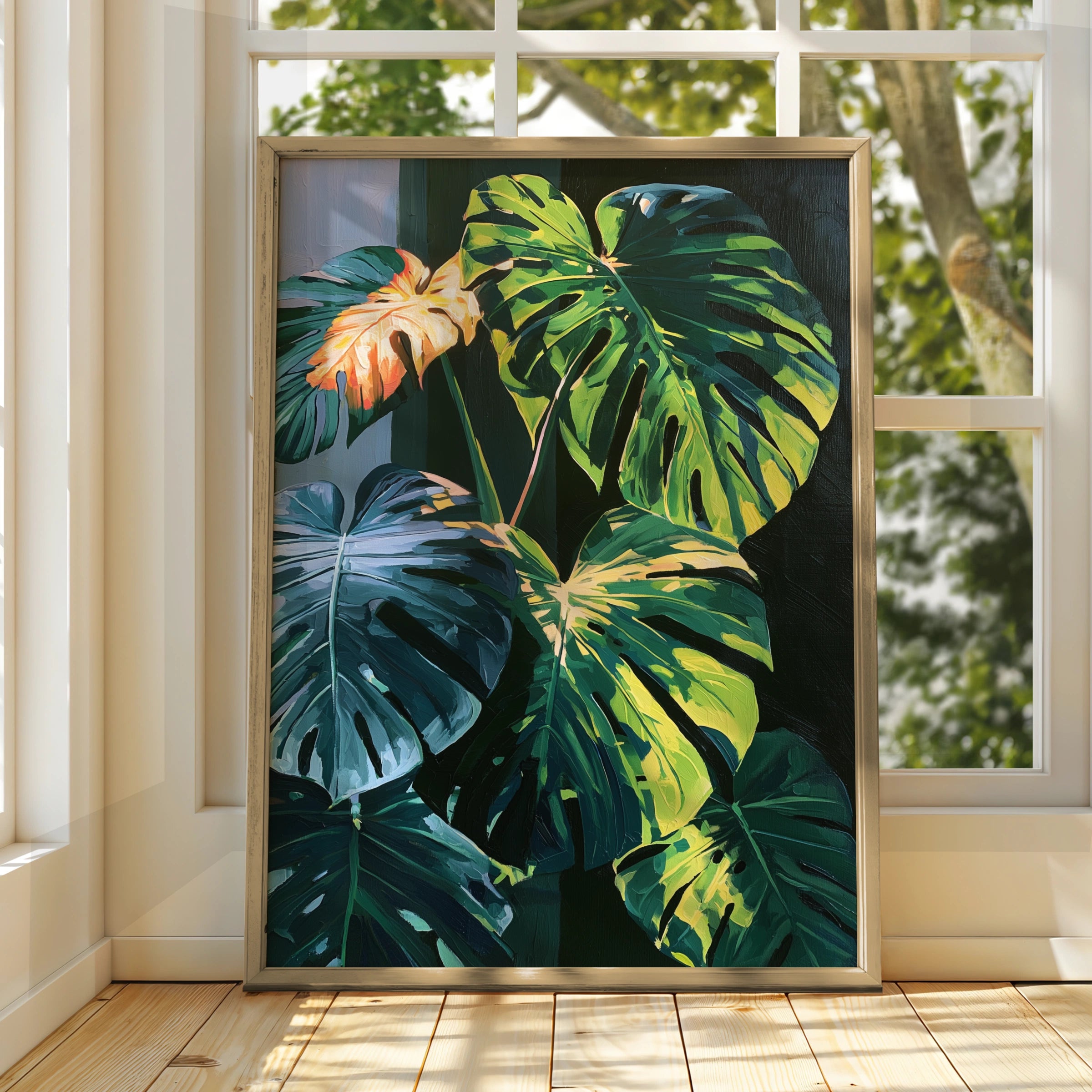 Monstera Leaf Print, Tropical Botanical Wall Art, Dark Moody Style