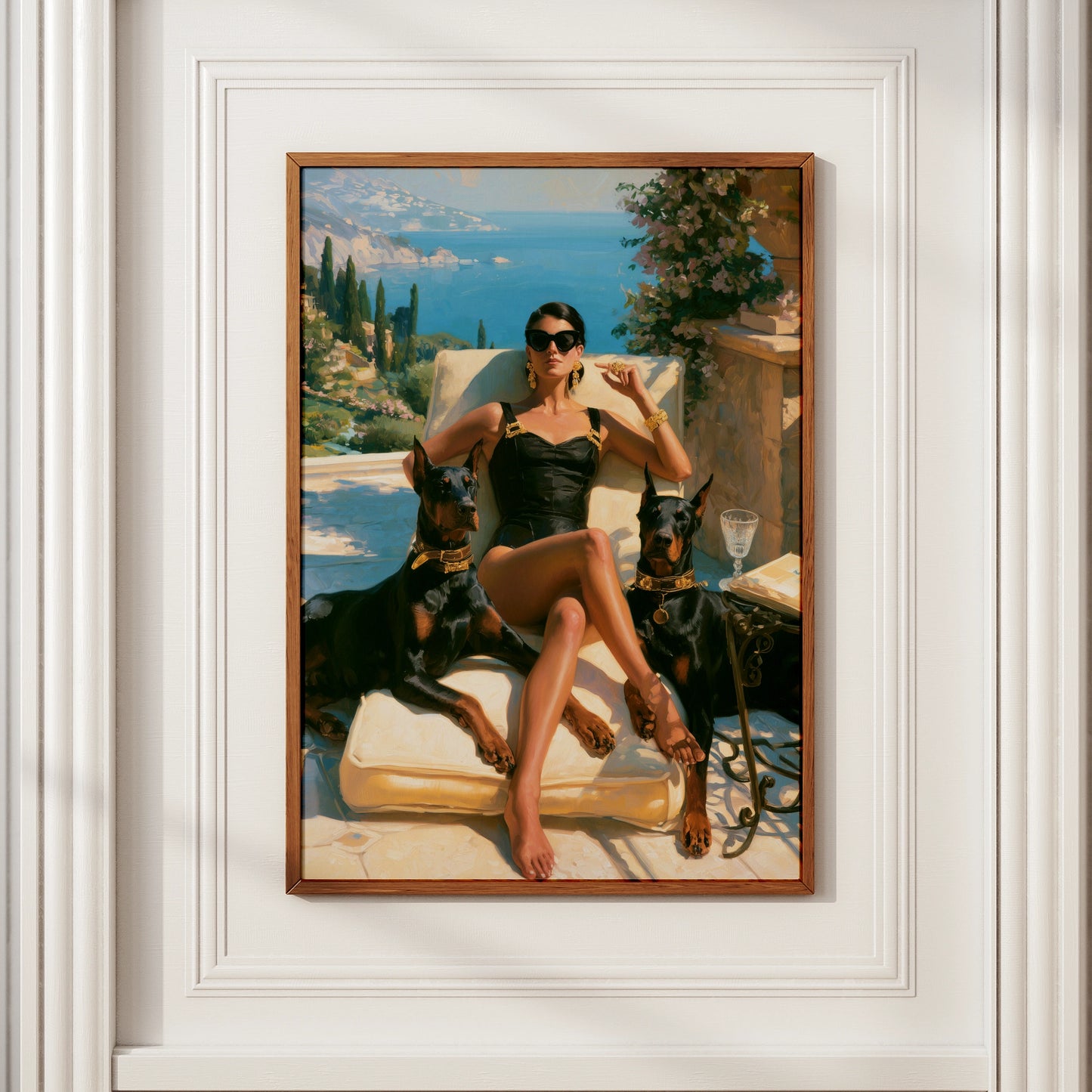 Woman with Dobermanns, Mediterranean Terrace Wall Art, Luxury Oil Painting Style