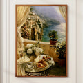 Amalfi Coast Breakfast Balcony Print, Italian Coastal Wall Art, Romantic Style
