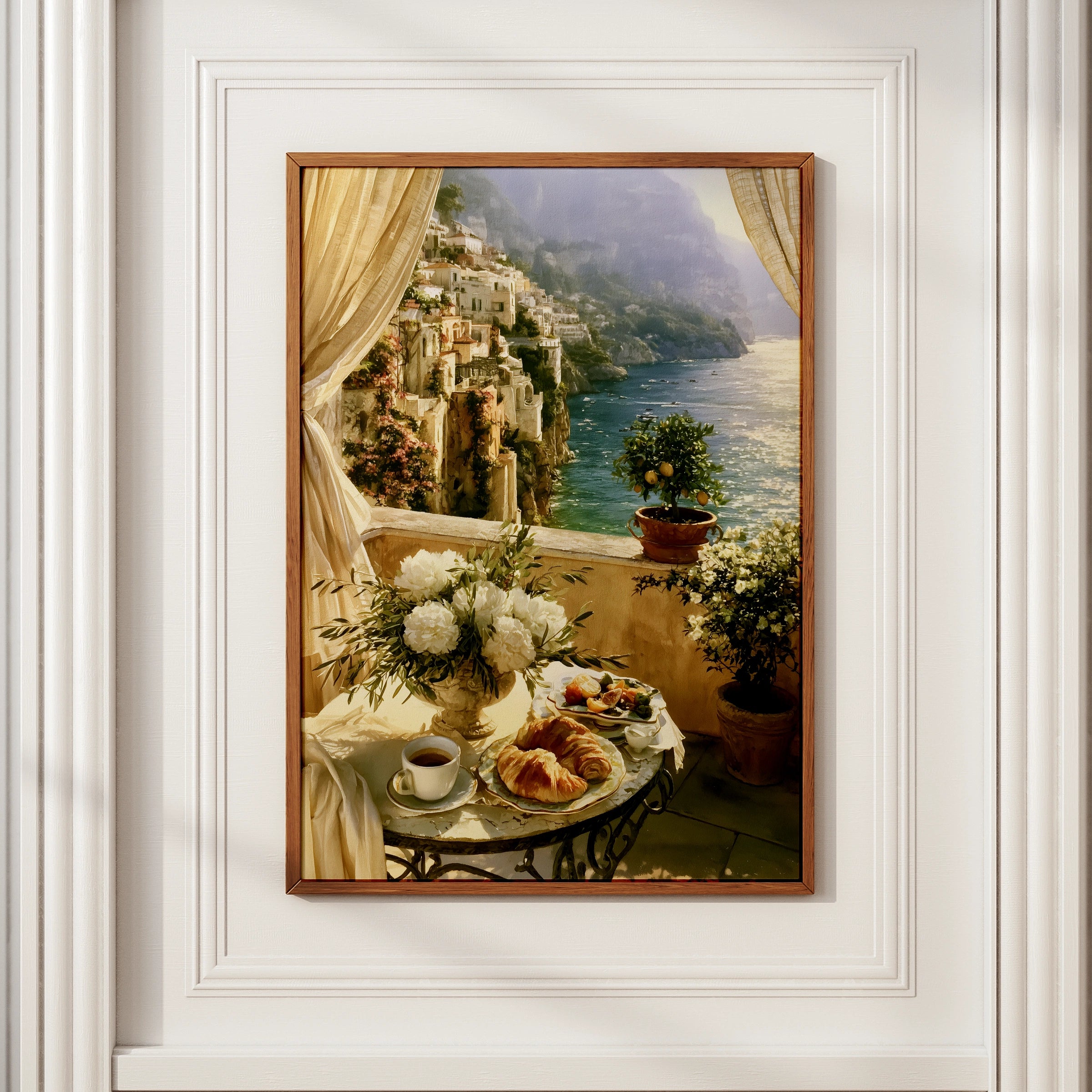 Amalfi Coast Breakfast Balcony Print, Italian Coastal Wall Art, Romantic Style