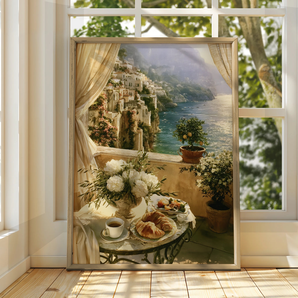 Amalfi Coast Breakfast Balcony Print, Italian Coastal Wall Art, Romantic Style