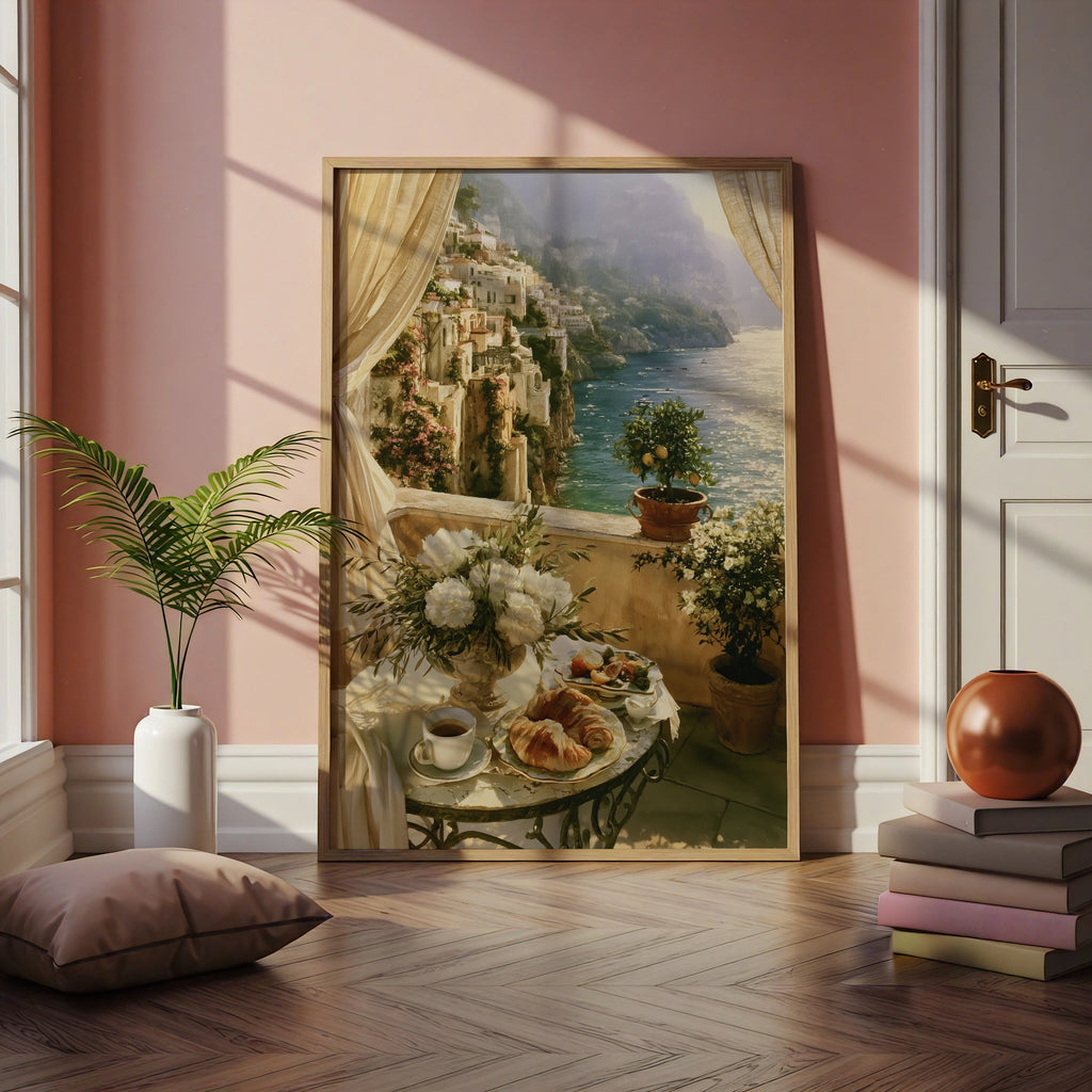 Amalfi Coast Breakfast Balcony Print, Italian Coastal Wall Art, Romantic Style