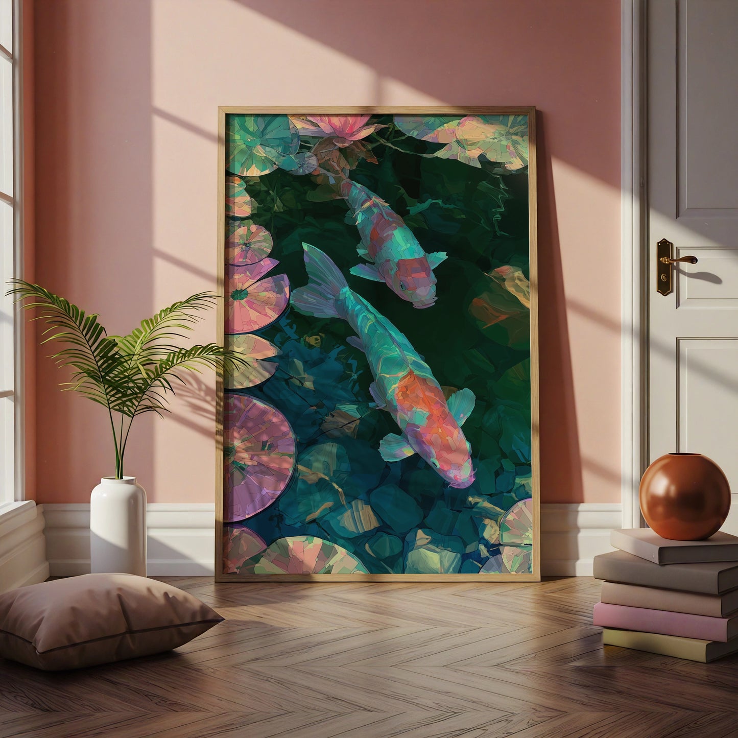 Neon Koi Fish Pond Print, Lily Pad Wall Art, Japanese Mosaic Style Poster