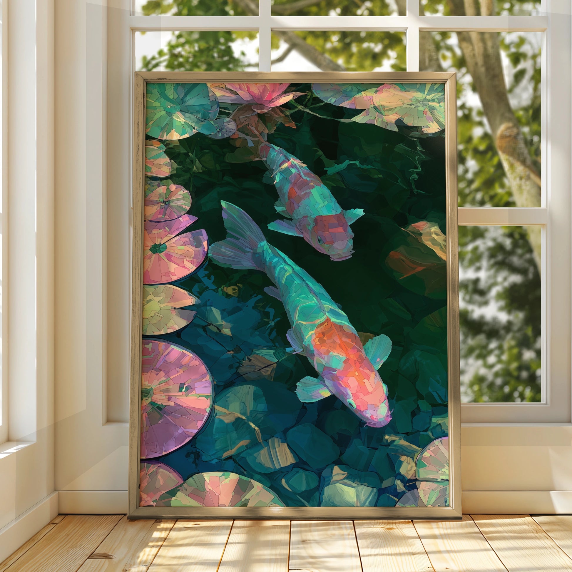 Neon Koi Fish Pond Print, Lily Pad Wall Art, Japanese Mosaic Style Poster