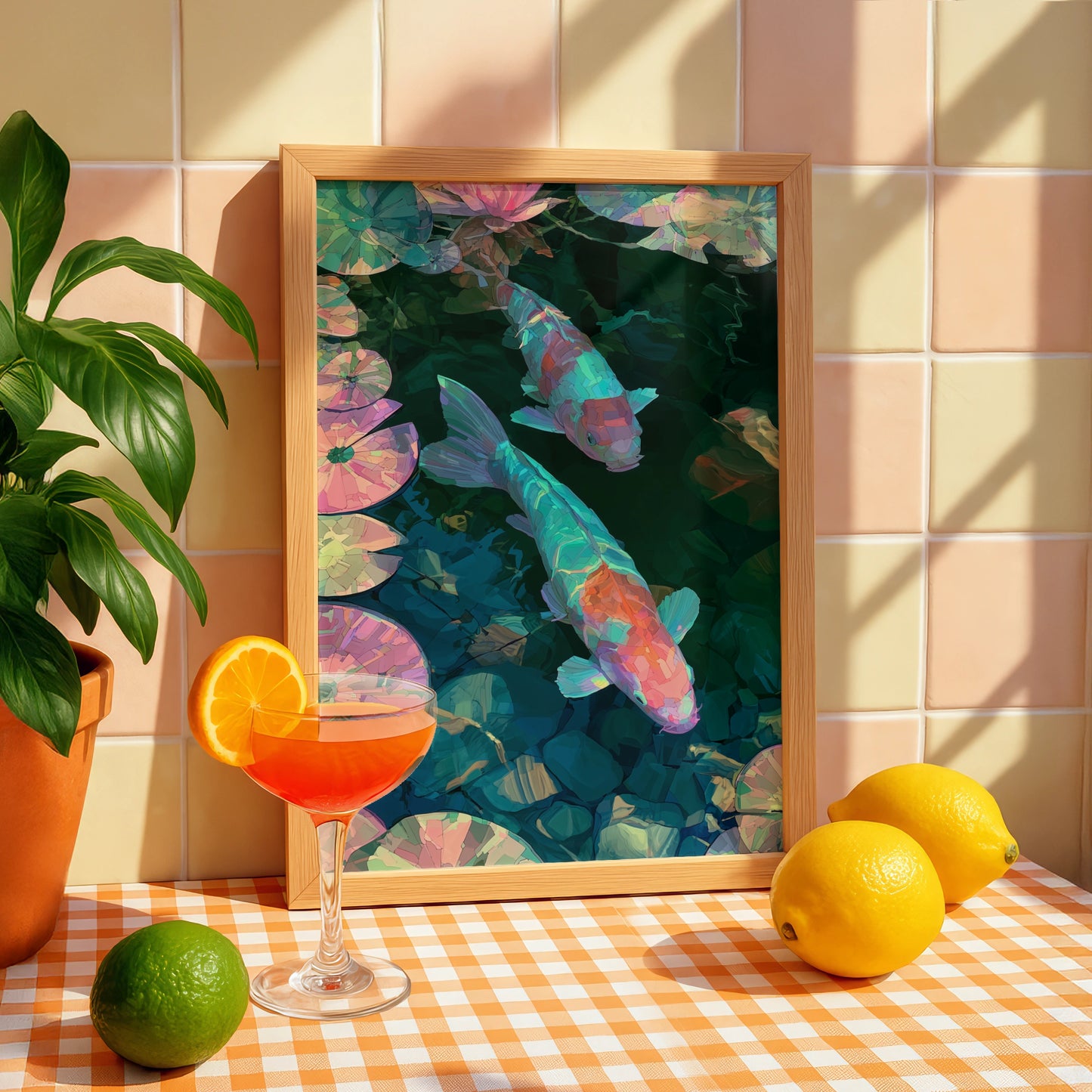 Neon Koi Fish Pond Print, Lily Pad Wall Art, Japanese Mosaic Style Poster