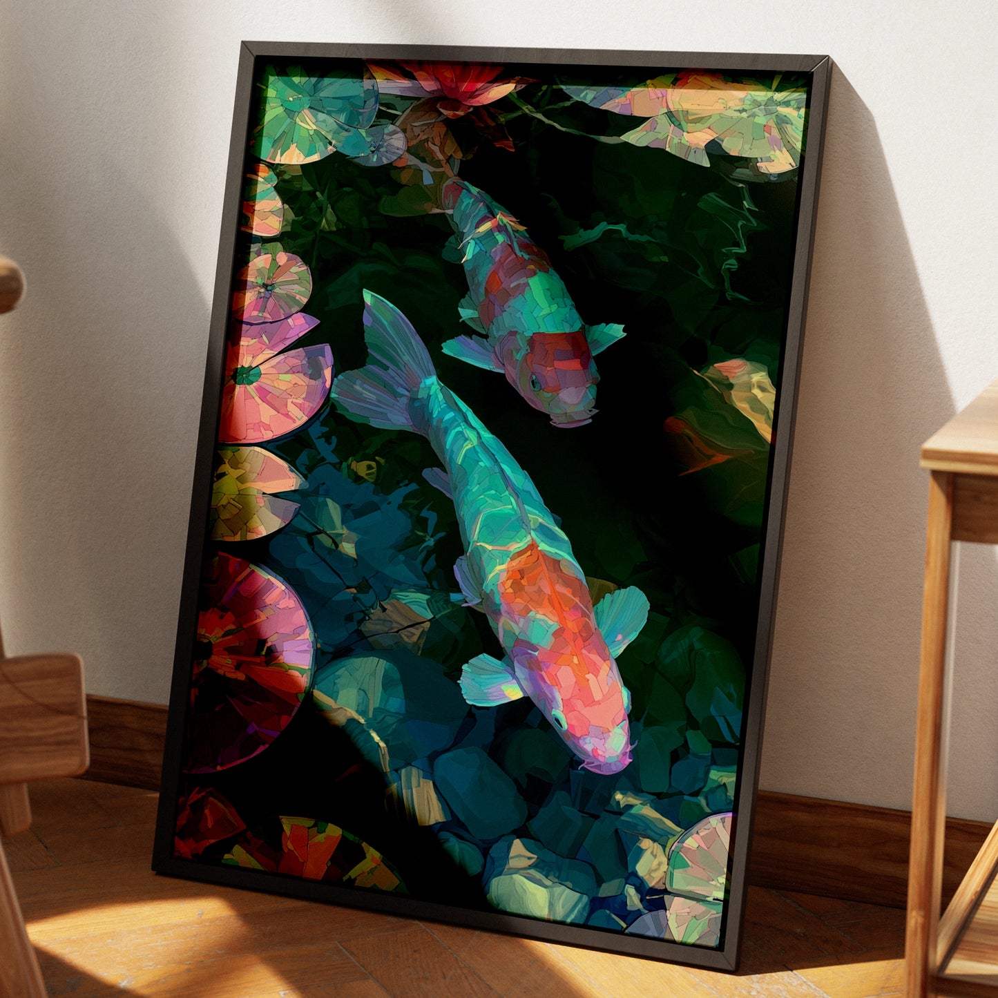 Neon Koi Fish Pond Print, Lily Pad Wall Art, Japanese Mosaic Style Poster