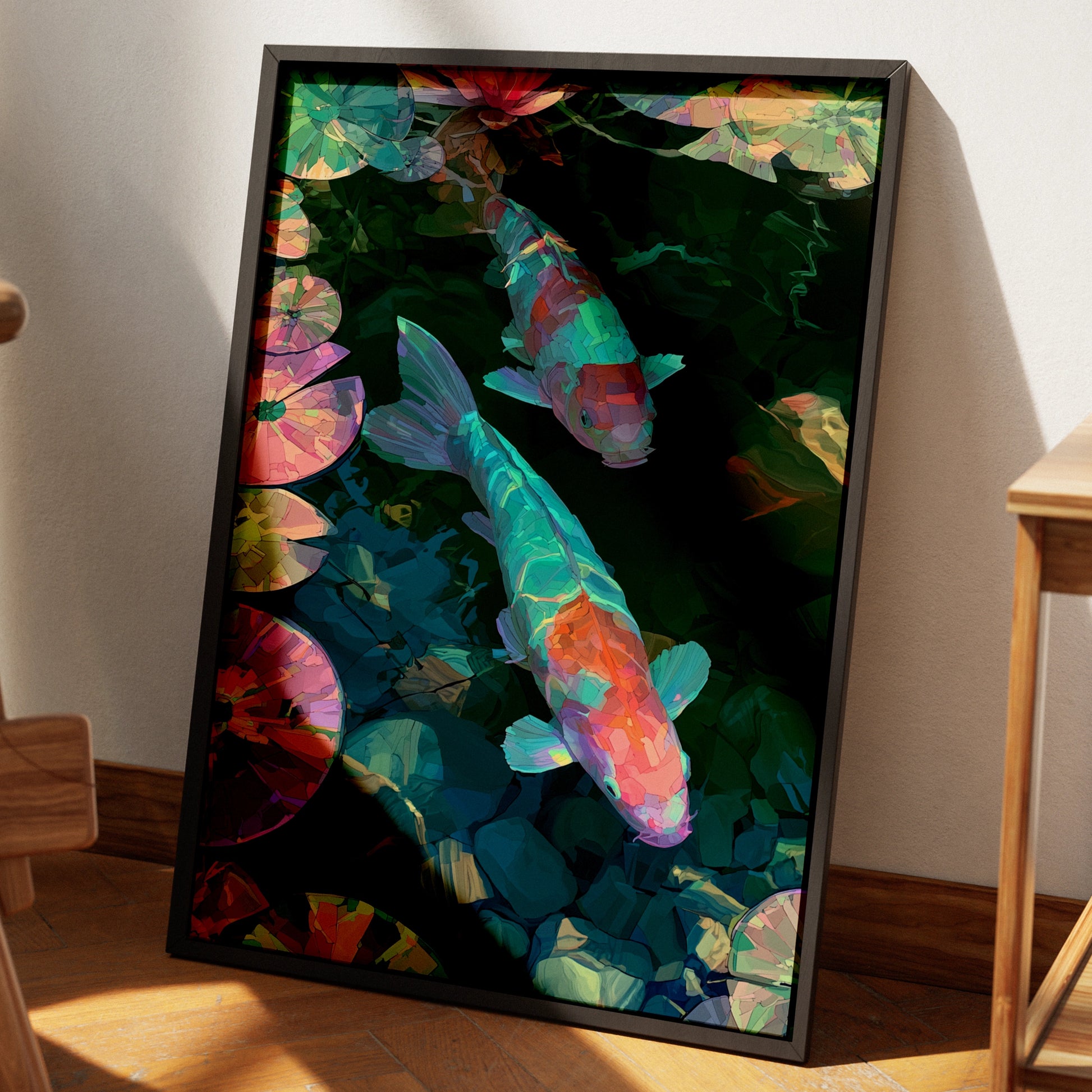 Neon Koi Fish Pond Print, Lily Pad Wall Art, Japanese Mosaic Style Poster