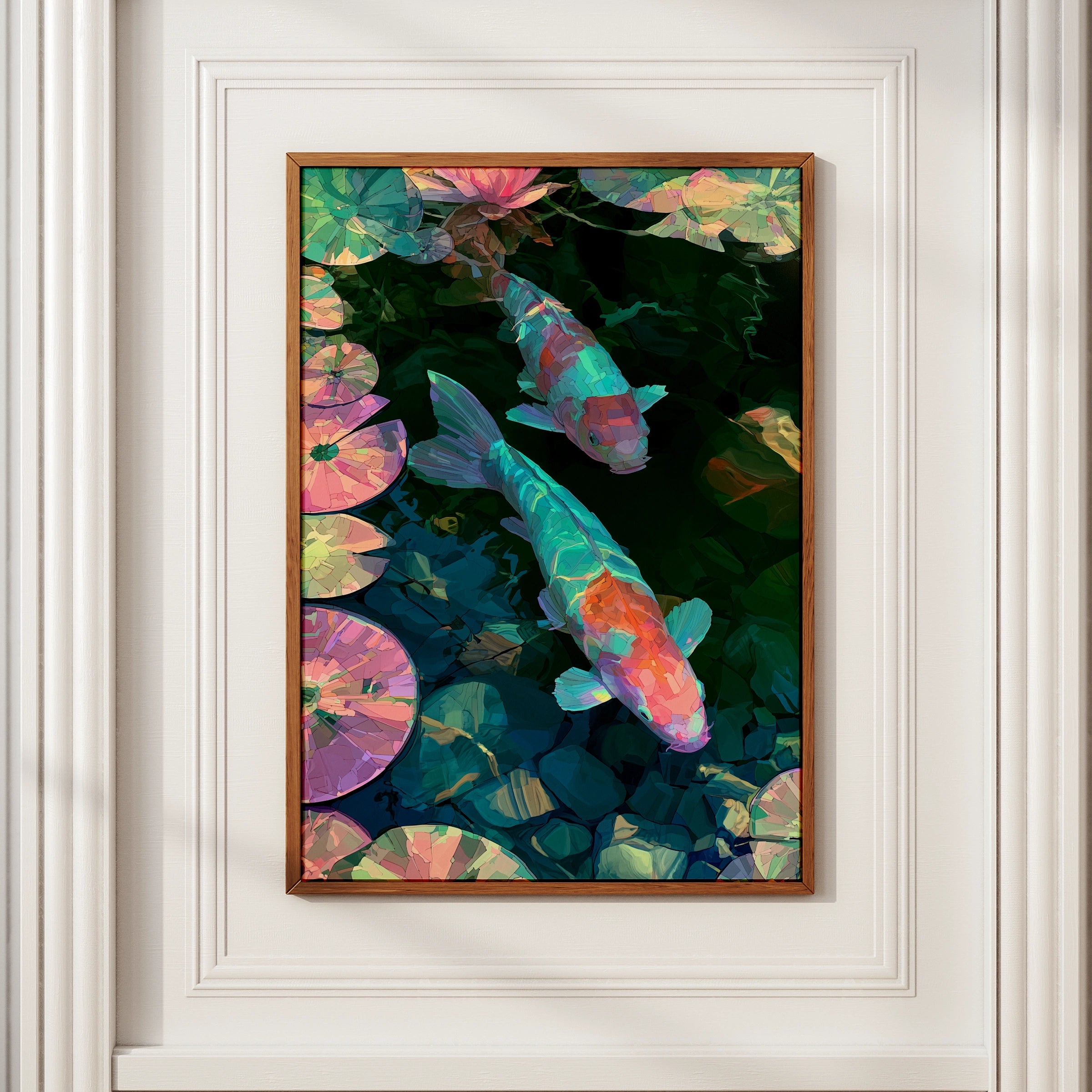 Neon Koi Fish Pond Print, Lily Pad Wall Art, Japanese Mosaic Style Poster