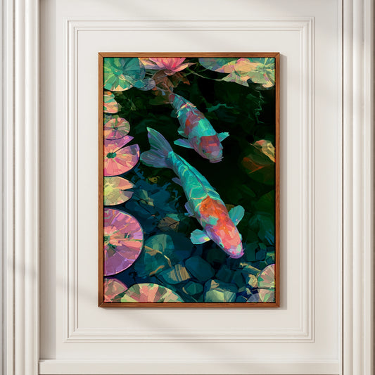 Neon Koi Fish Pond Print, Lily Pad Wall Art, Japanese Mosaic Style Poster