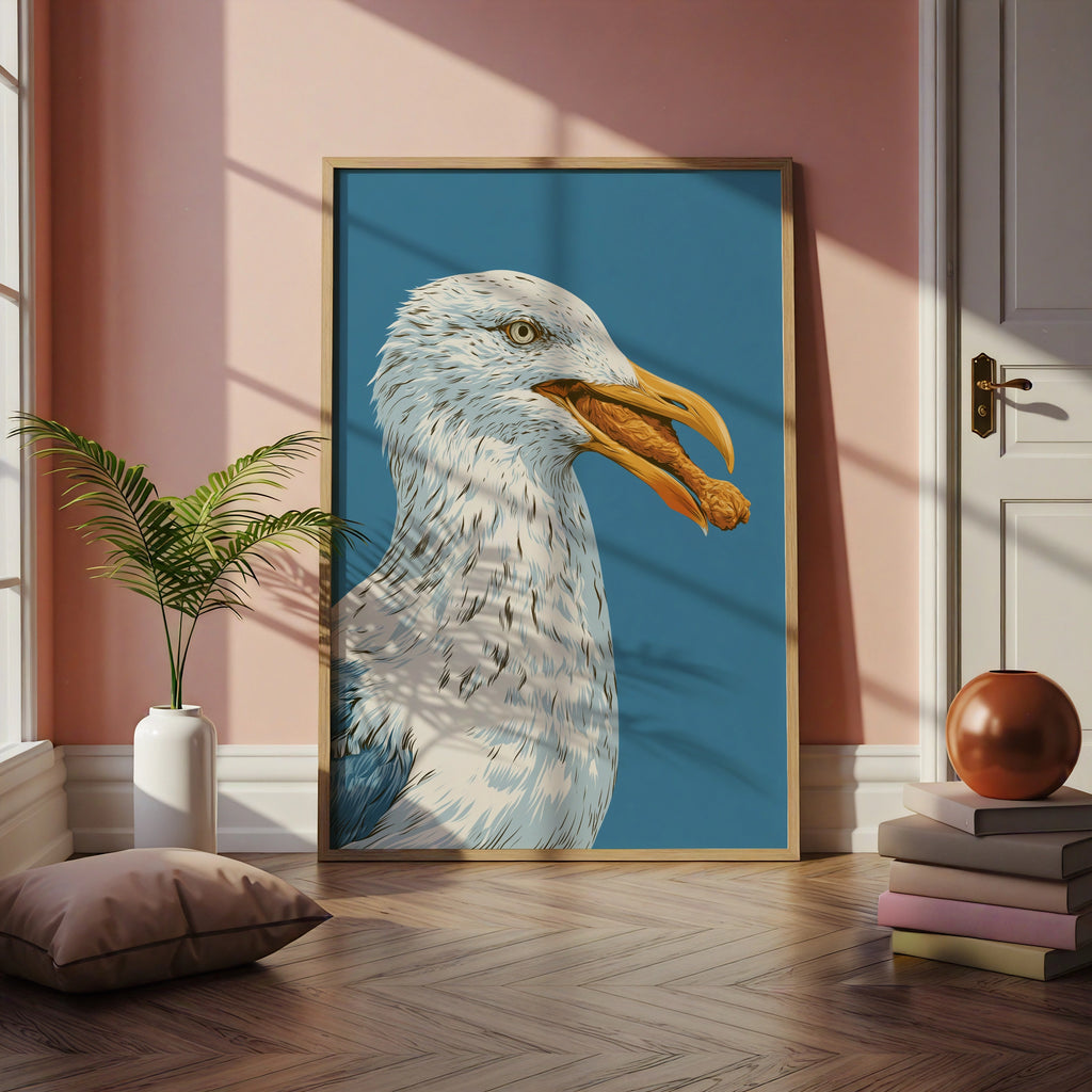 Seagull Eating Chicken Leg Wall Art Print, Funny Coastal Bird Poster, Bold Blue