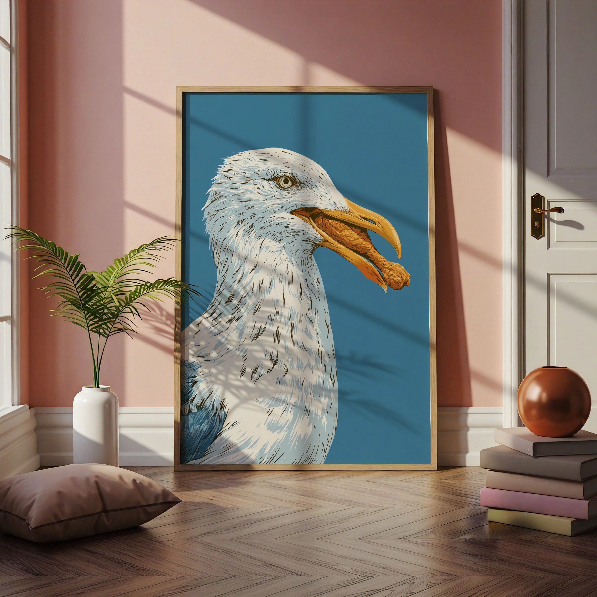 Seagull Eating Chicken Leg Wall Art Print, Funny Coastal Bird Poster, Bold Blue