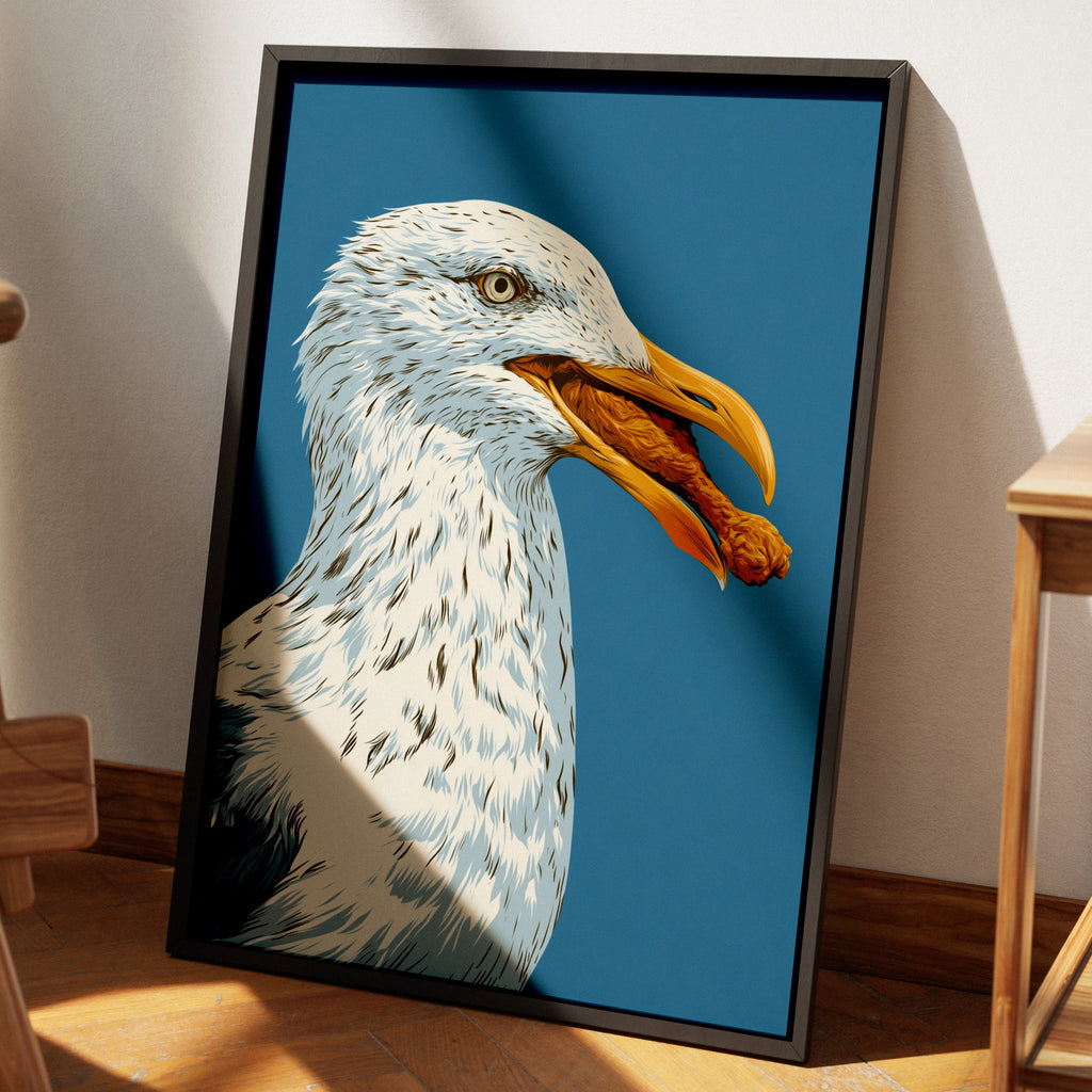 Seagull Eating Chicken Leg Wall Art Print, Funny Coastal Bird Poster, Bold Blue