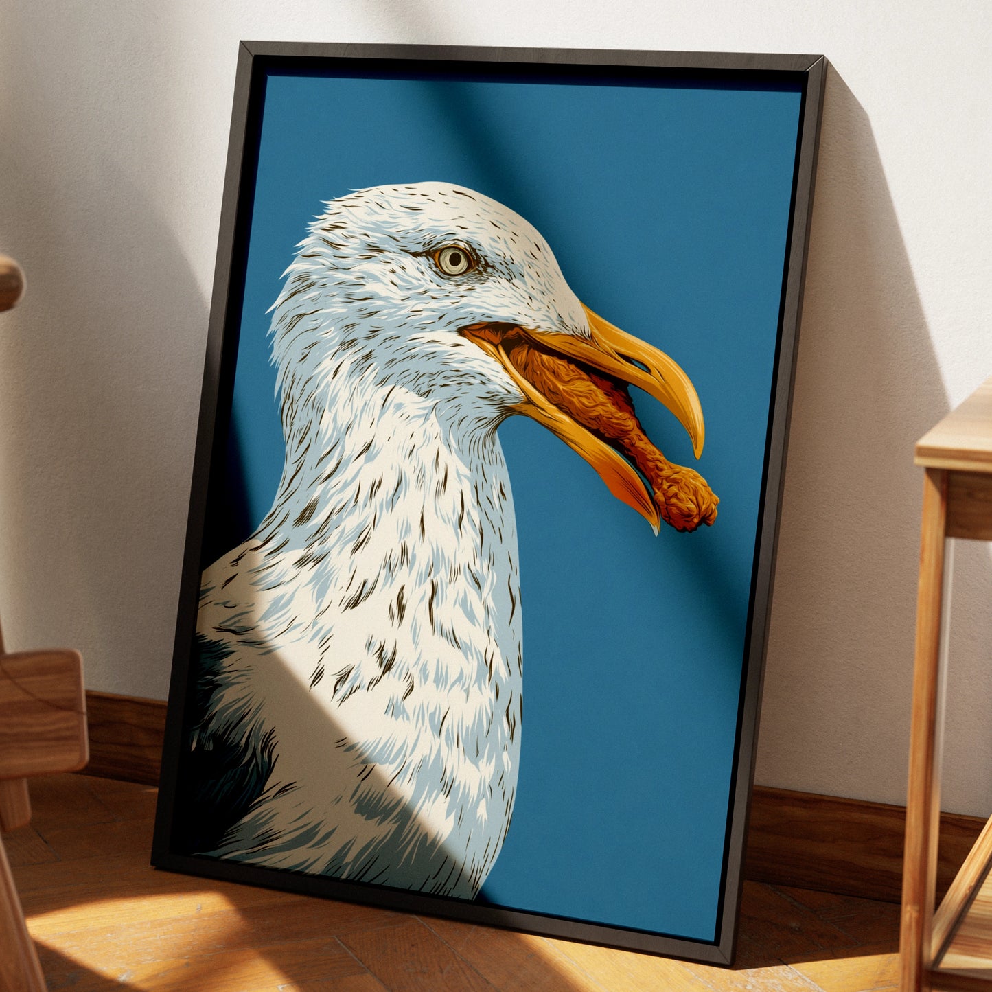 Seagull Eating Chicken Leg Wall Art Print, Funny Coastal Bird Poster, Bold Blue