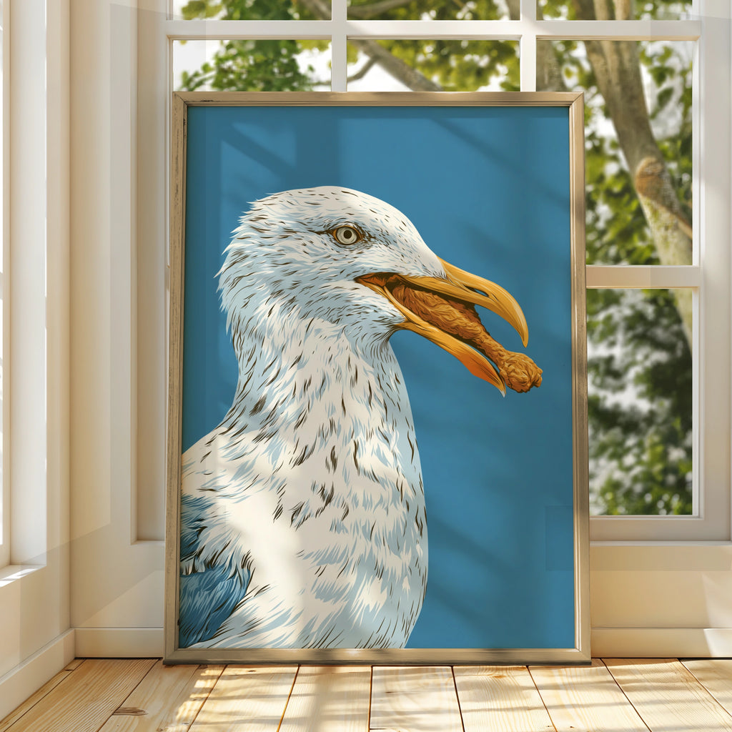 Seagull Eating Chicken Leg Wall Art Print, Funny Coastal Bird Poster, Bold Blue