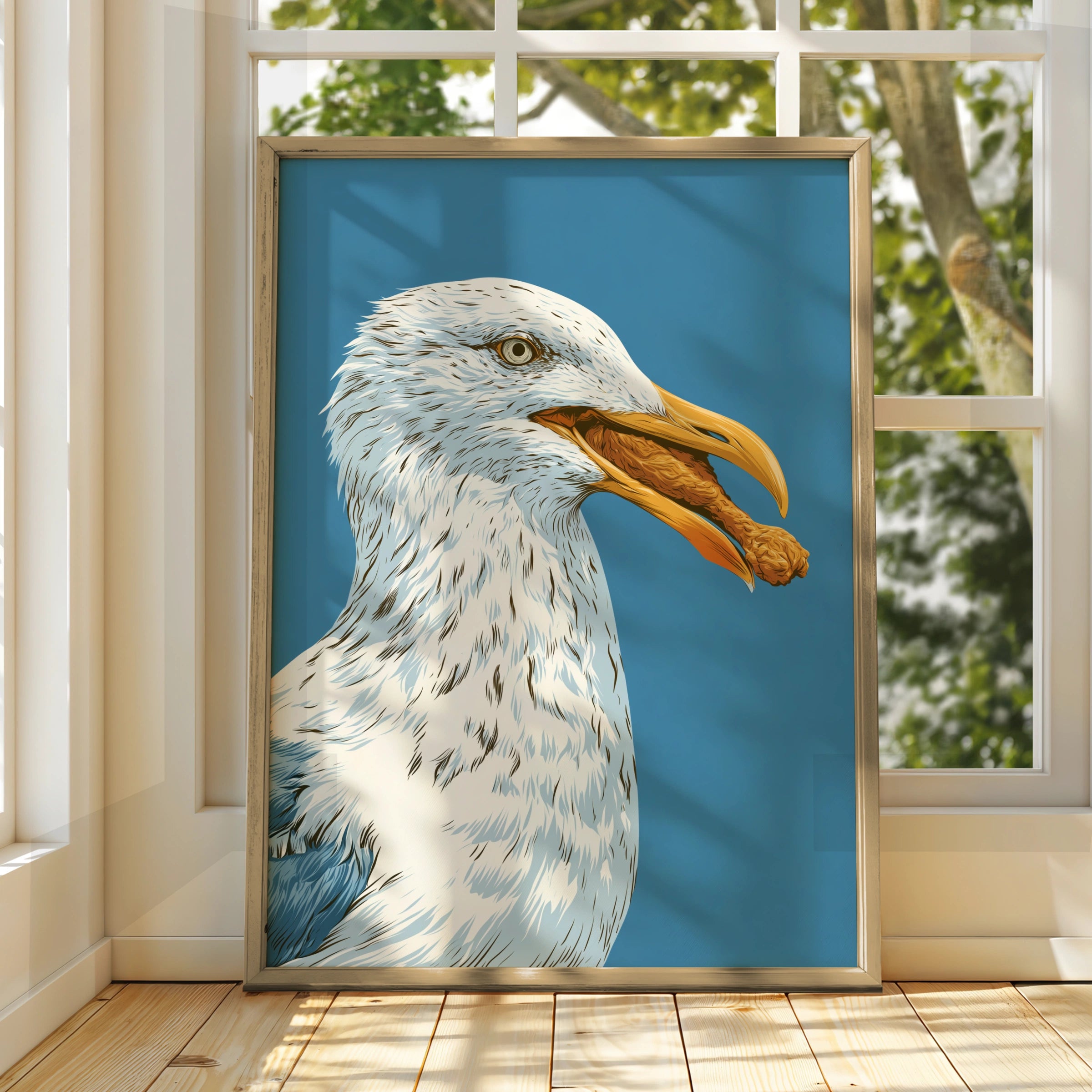 Seagull Eating Chicken Leg Wall Art Print, Funny Coastal Bird Poster, Bold Blue