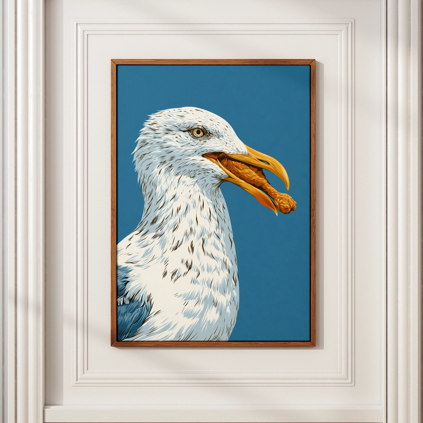 Seagull Eating Chicken Leg Wall Art Print, Funny Coastal Bird Poster, Bold Blue
