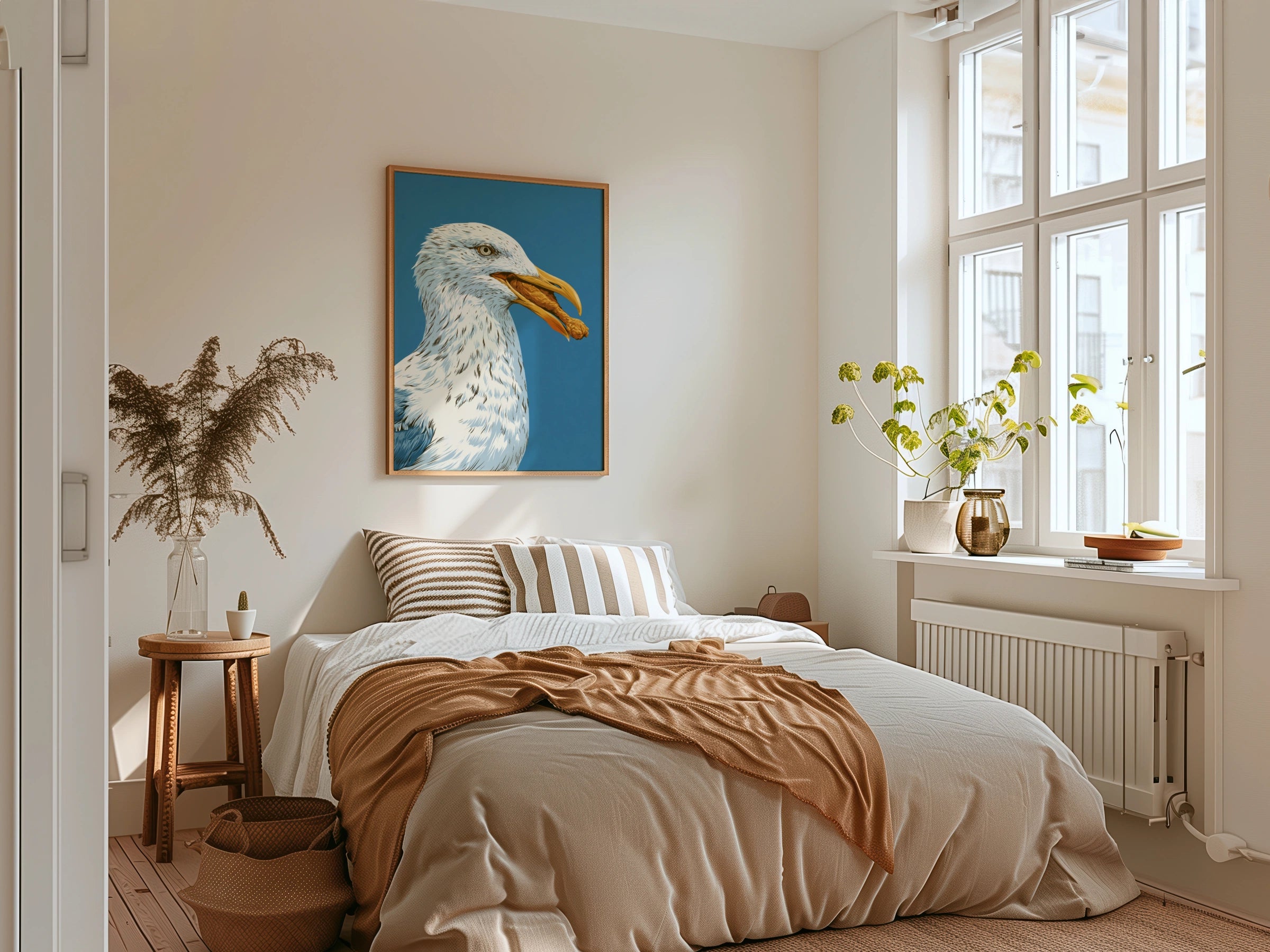 Seagull Eating Chicken Leg Wall Art Print, Funny Coastal Bird Poster, Bold Blue