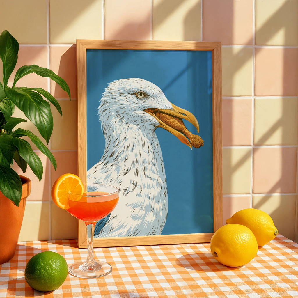 Seagull Eating Chicken Leg Wall Art Print, Funny Coastal Bird Poster, Bold Blue