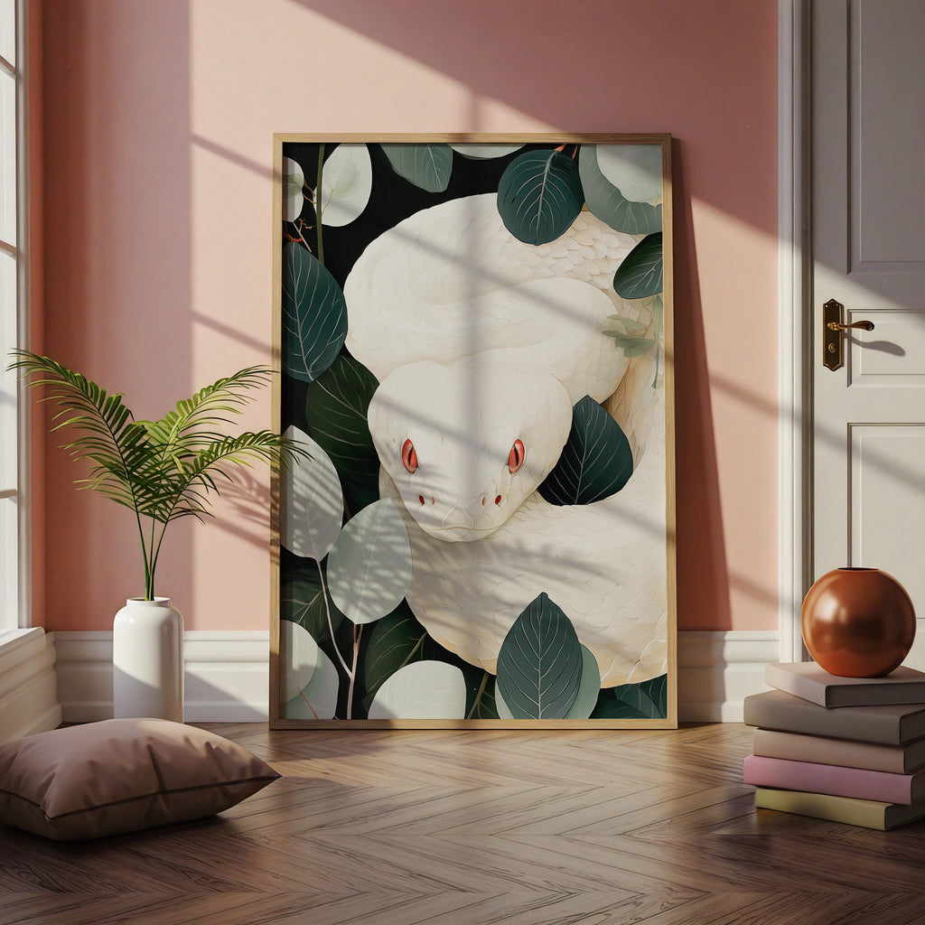 White Albino Snake Jungle Poster, Red Eyes Reptile Art, Dark Botanical Print