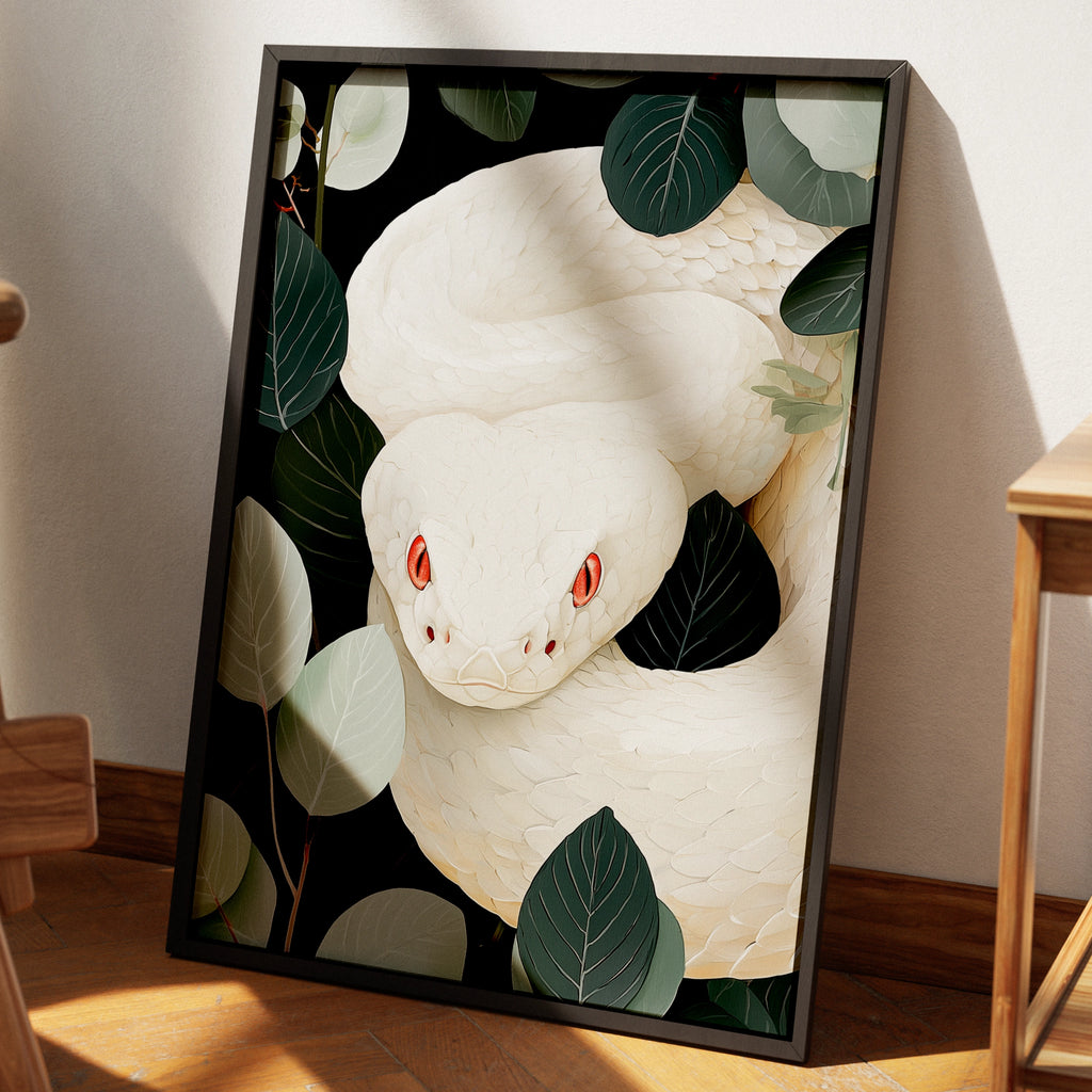 White Albino Snake Jungle Poster, Red Eyes Reptile Art, Dark Botanical Print