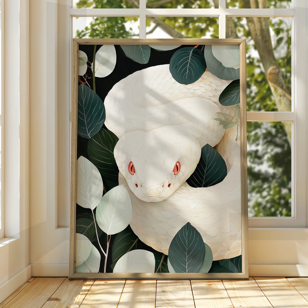 White Albino Snake Jungle Poster, Red Eyes Reptile Art, Dark Botanical Print