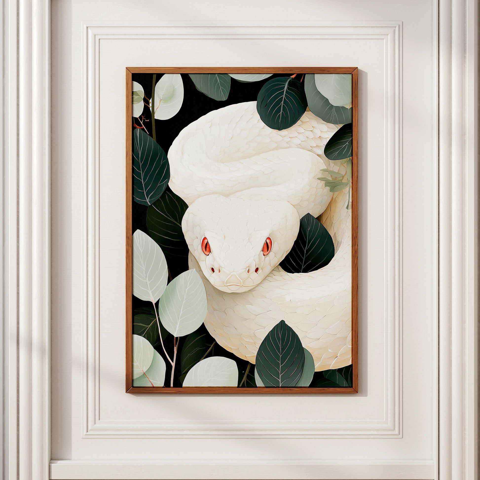 White Albino Snake Jungle Poster, Red Eyes Reptile Art, Dark Botanical Print