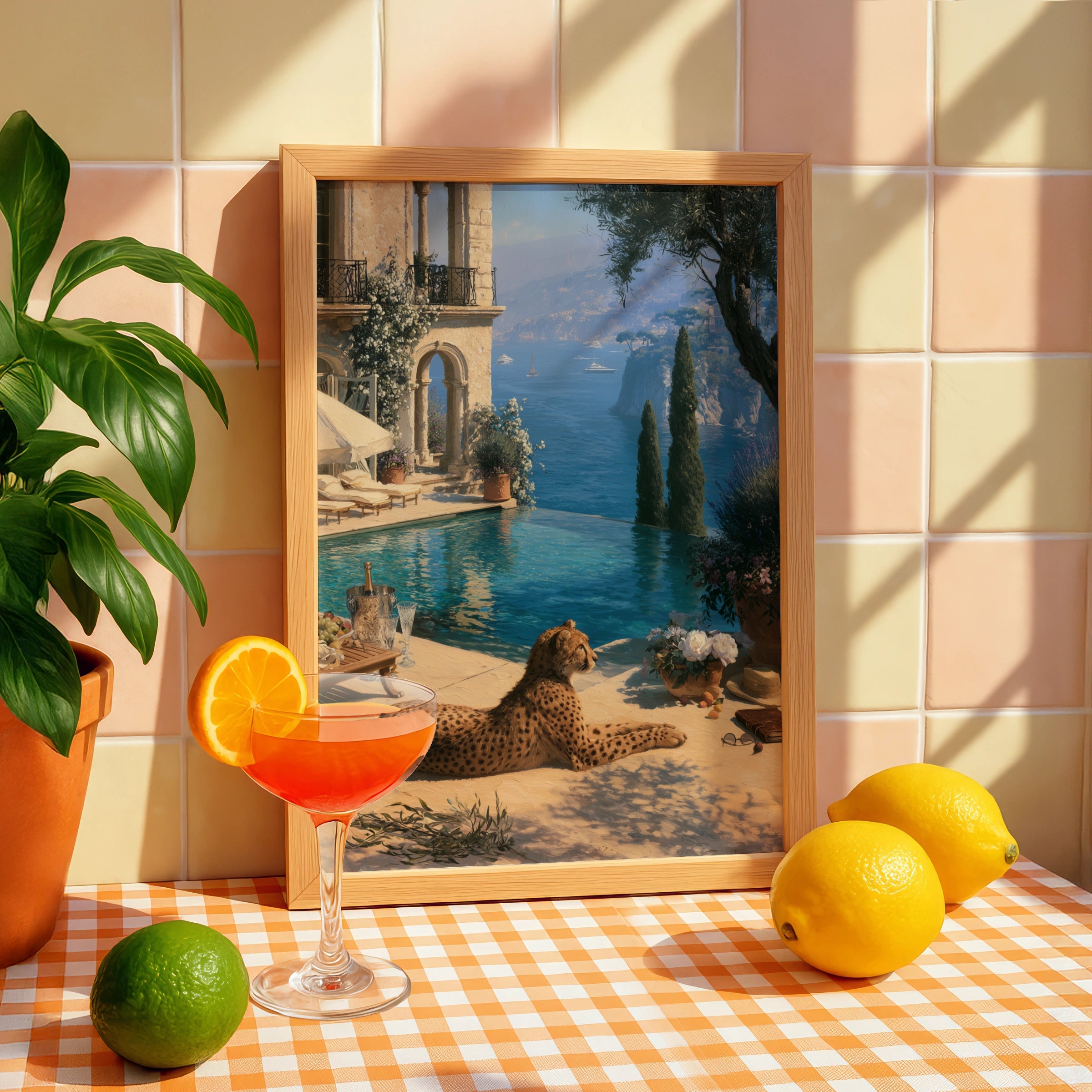Old Money Wall Art, Luxury Mediterranean Villa Print, Cheetah Poolside Illustration
