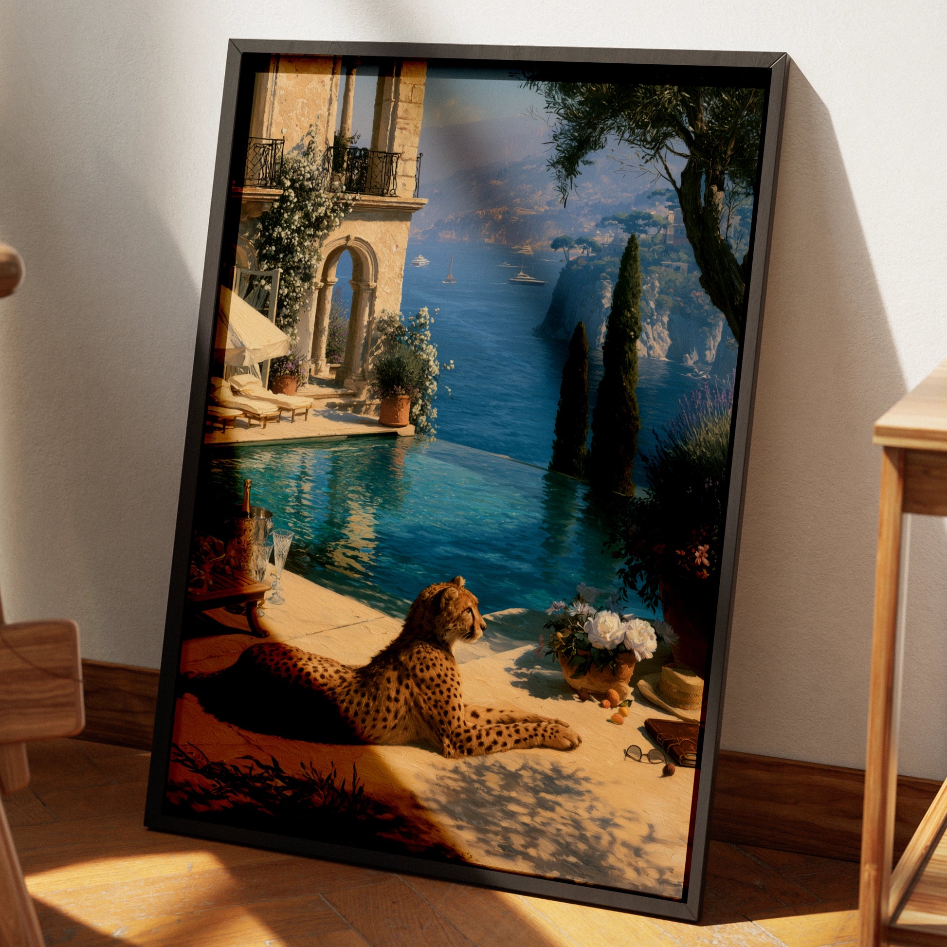 Old Money Wall Art, Luxury Mediterranean Villa Print, Cheetah Poolside Illustration
