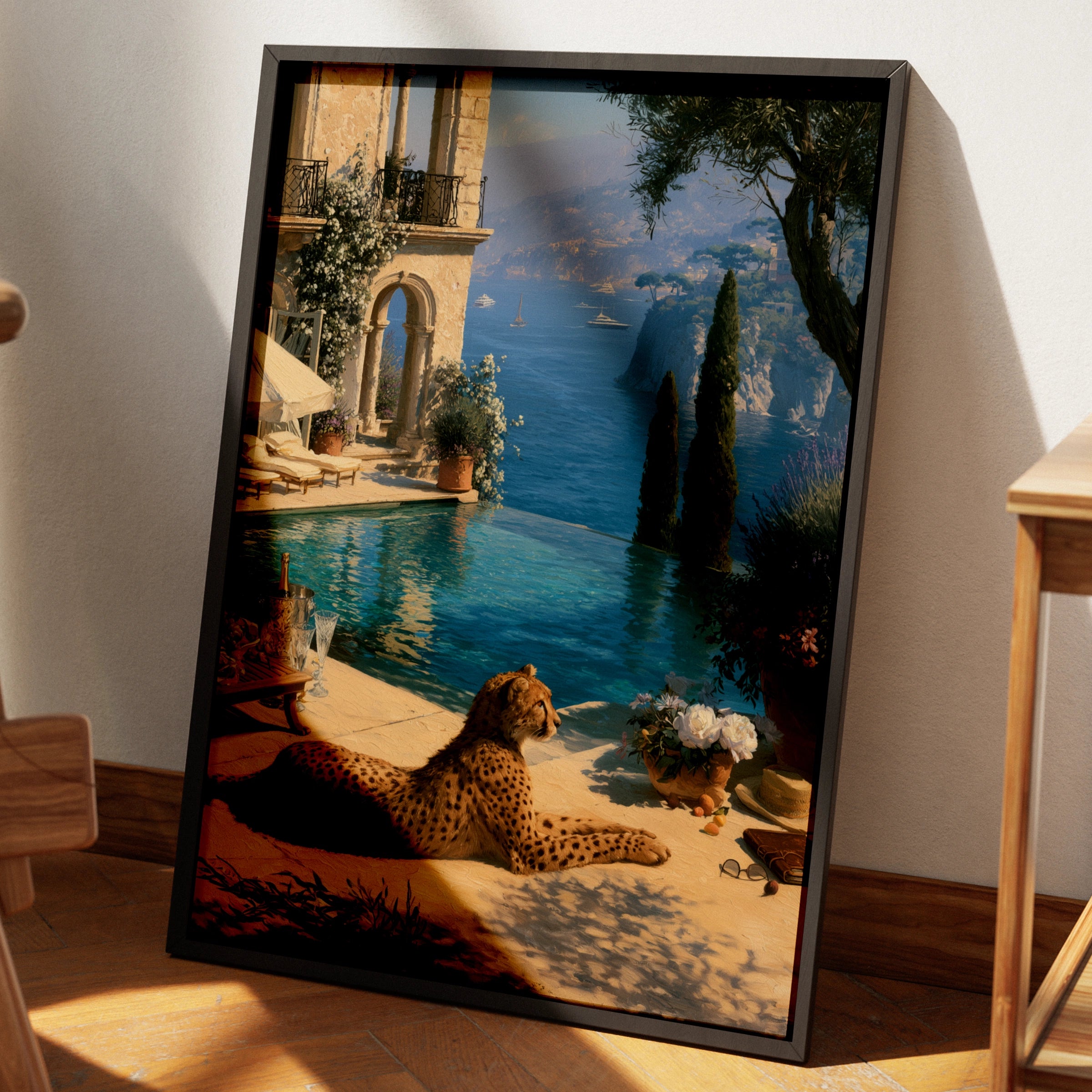 Old Money Wall Art, Luxury Mediterranean Villa Print, Cheetah Poolside Illustration