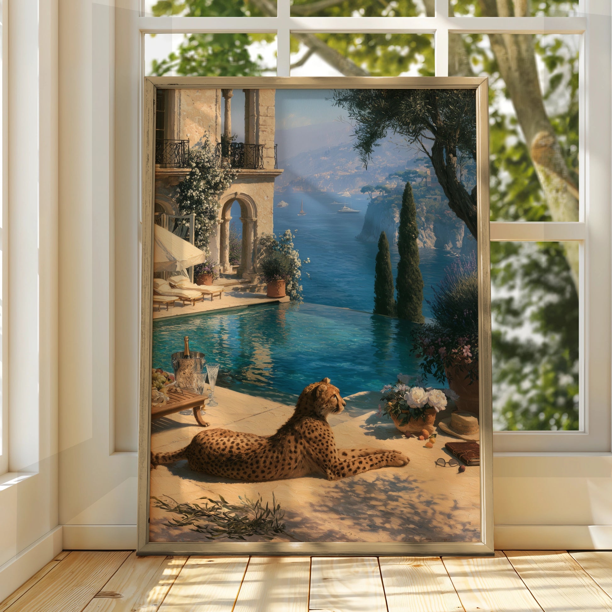 Old Money Wall Art, Luxury Mediterranean Villa Print, Cheetah Poolside Illustration
