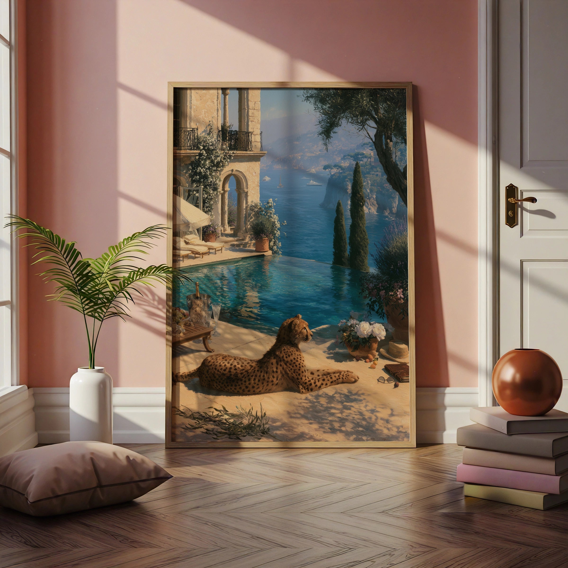 Old Money Wall Art, Luxury Mediterranean Villa Print, Cheetah Poolside Illustration