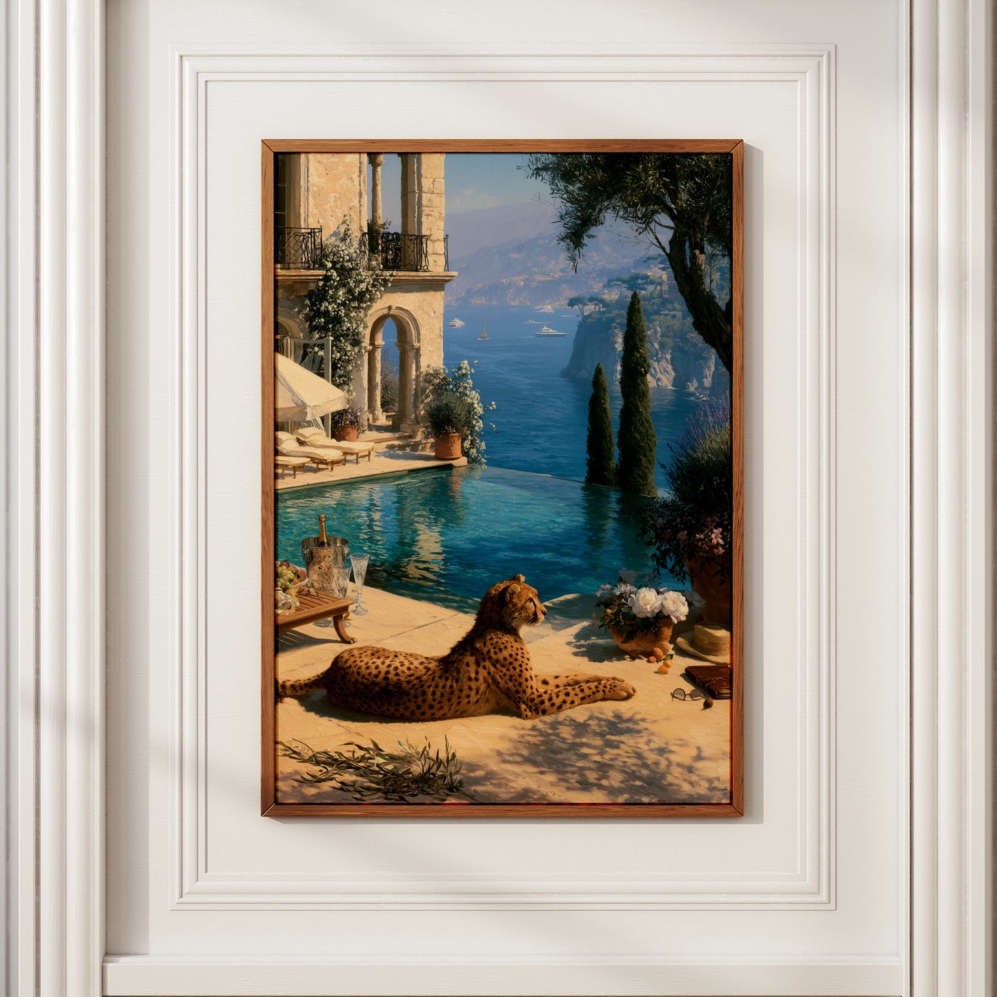 Old Money Wall Art, Luxury Mediterranean Villa Print, Cheetah Poolside Illustration
