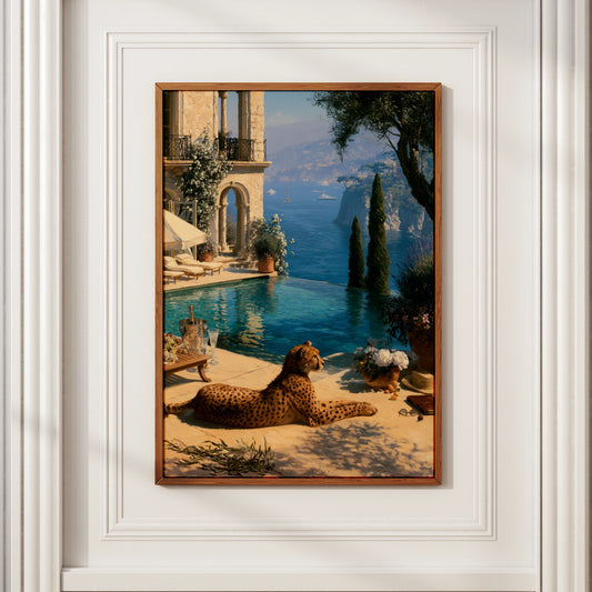 Old Money Wall Art, Luxury Mediterranean Villa Print, Cheetah Poolside Illustration