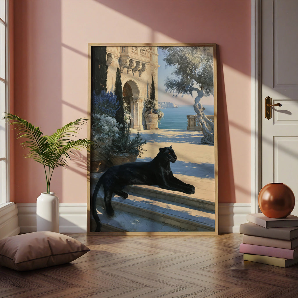 Black Panther Wall Art, Luxury Mediterranean Villa Print, Old Money Decor