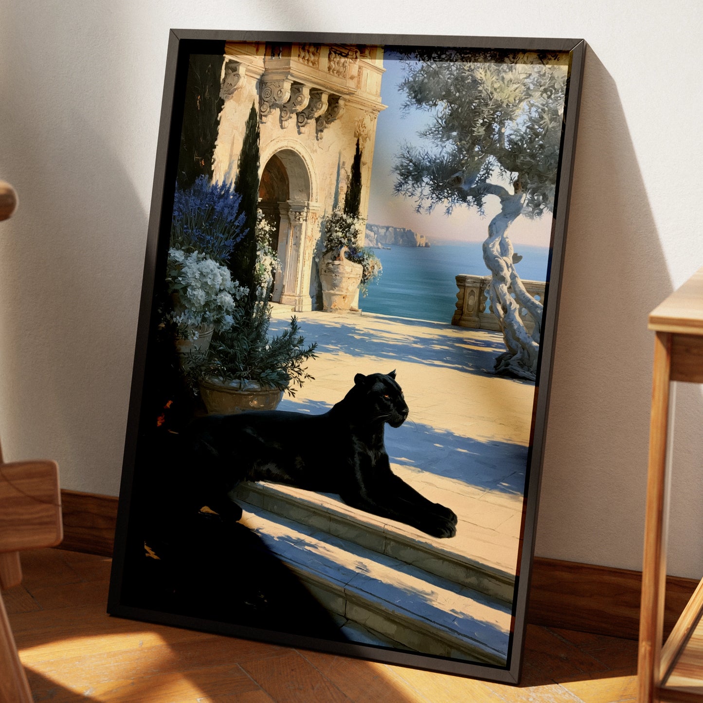 Black Panther Wall Art, Luxury Mediterranean Villa Print, Old Money Decor